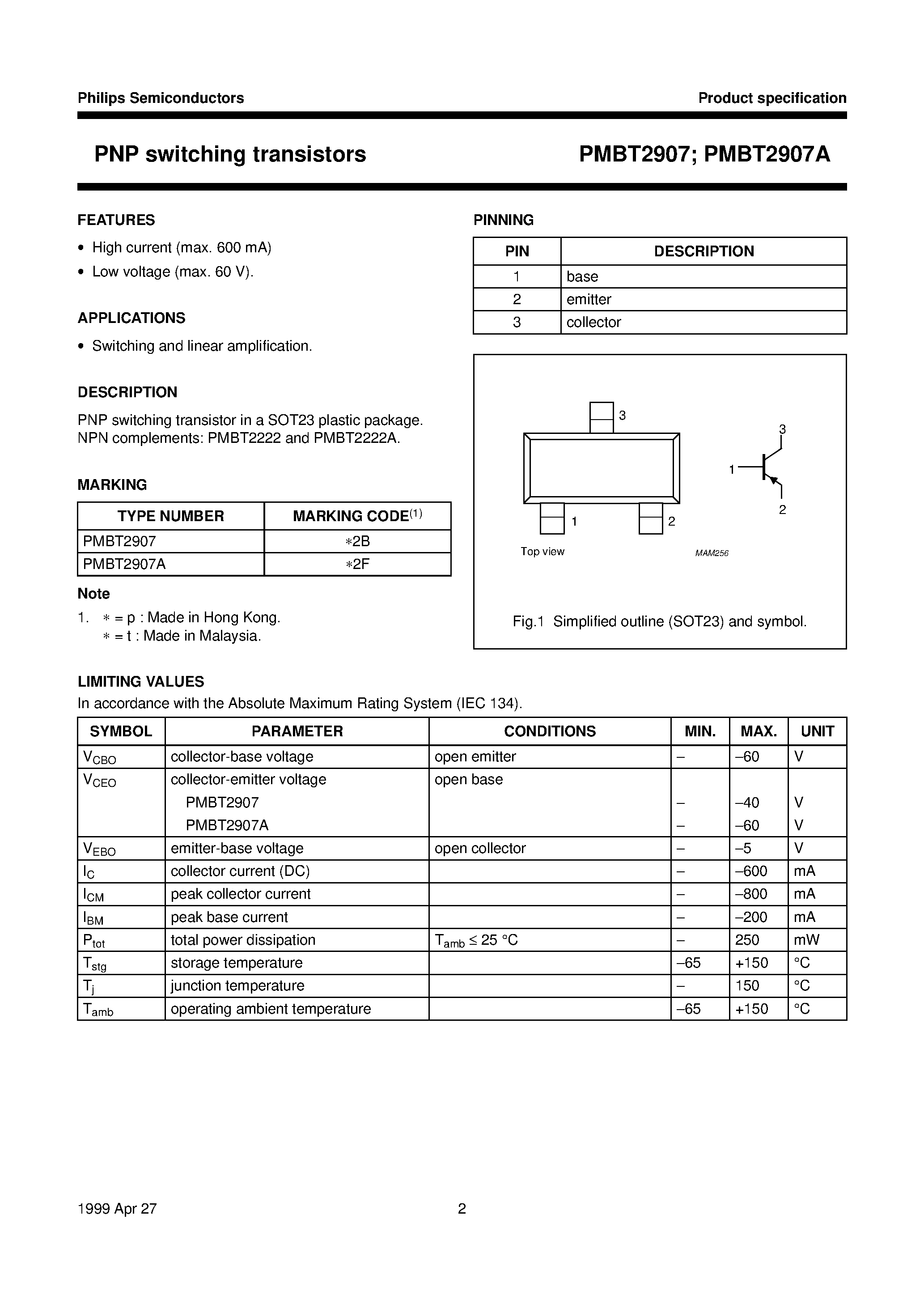 Datasheet PMBT2907 - PNP switching transistors page 2