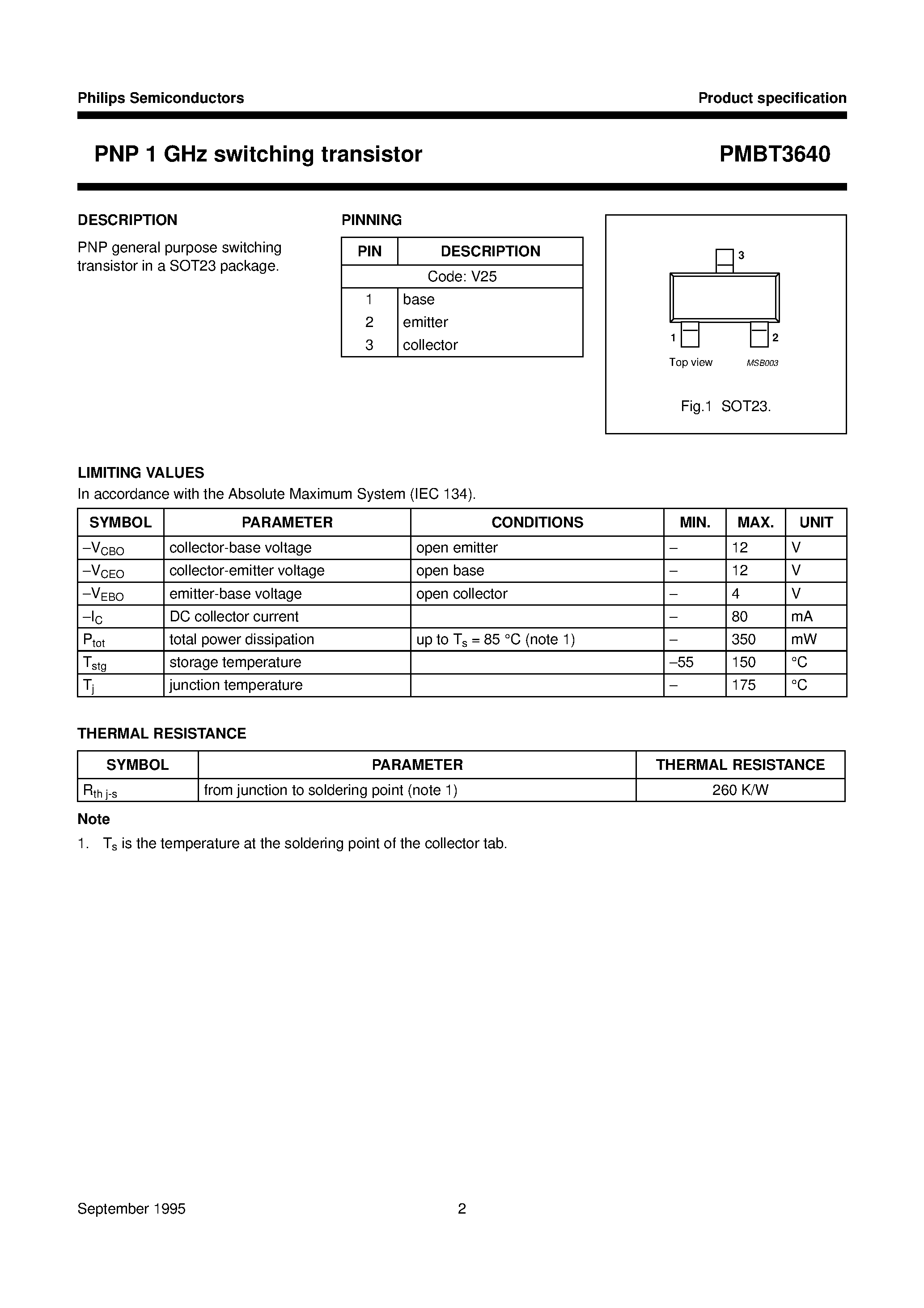Datasheet PMBT3640 - PNP 1 GHz switching transistor page 2