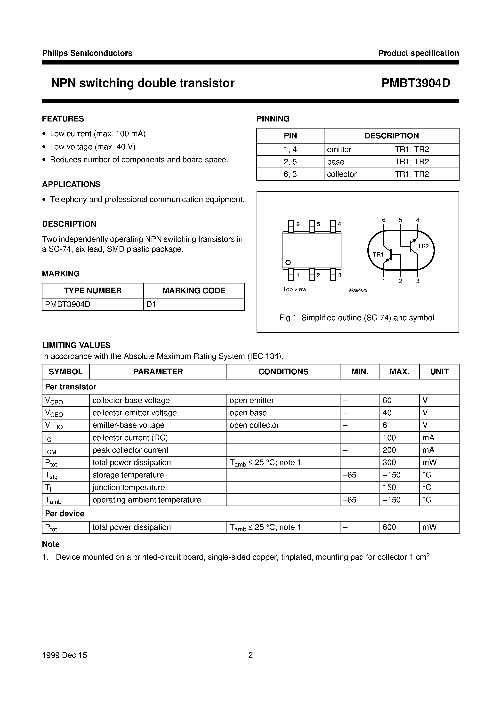 Datasheet PMBT3904D - NPN switching double transistor page 2