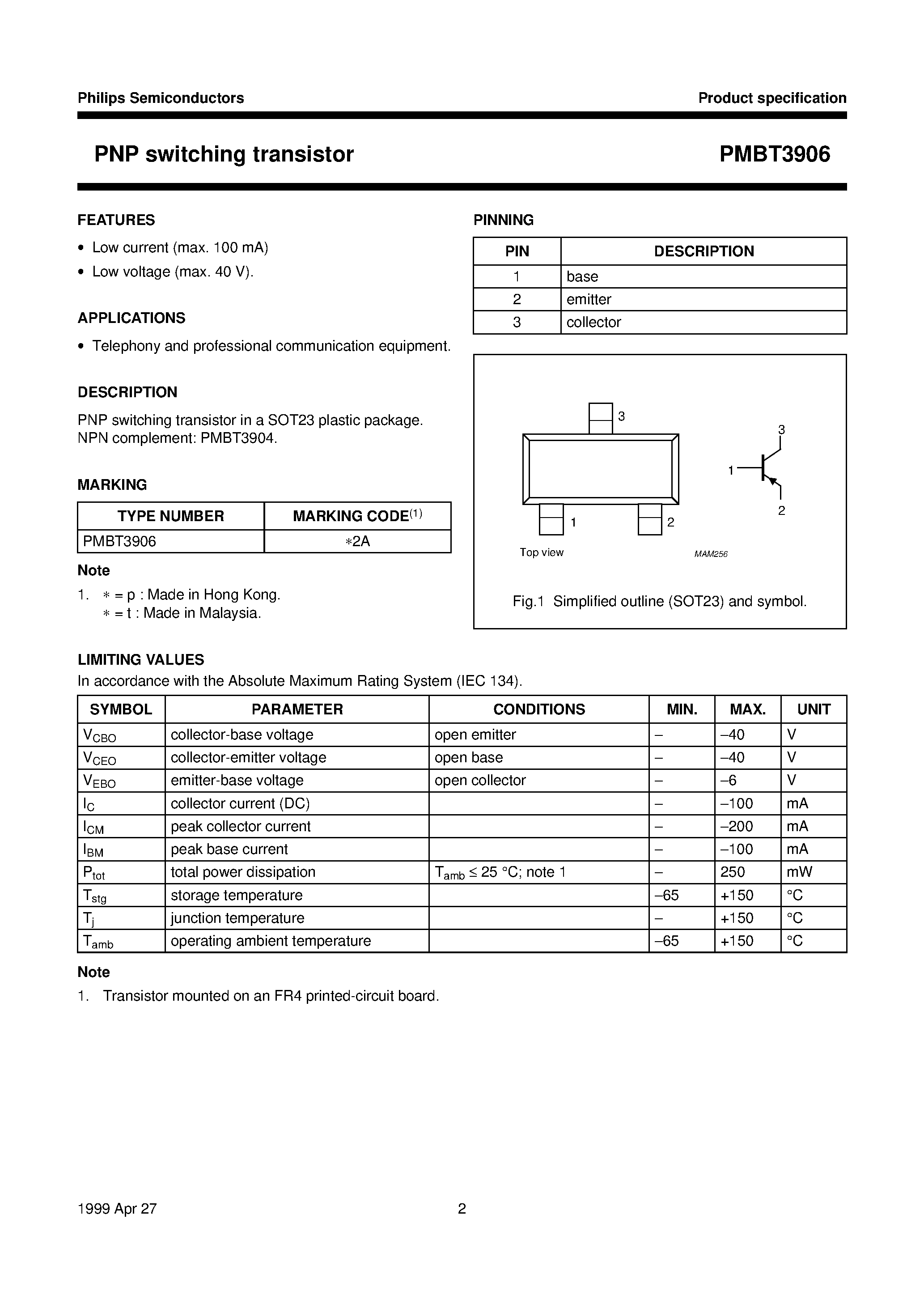 Datasheet PMBT3906 page 2 Datasheet PMBT3906 - PNP switching transistor page 2