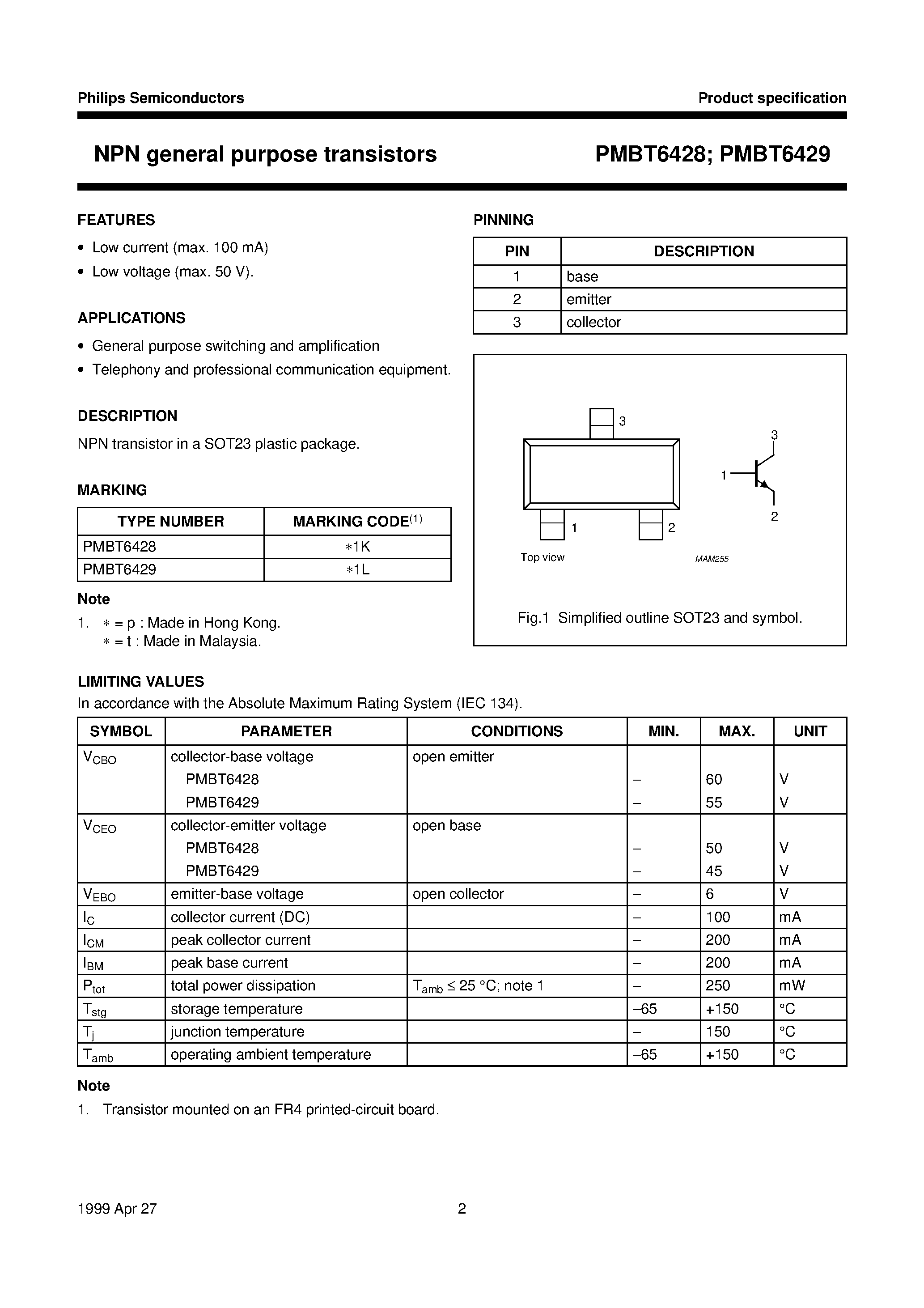 Datasheet PMBT6428 - NPN general purpose transistors page 2