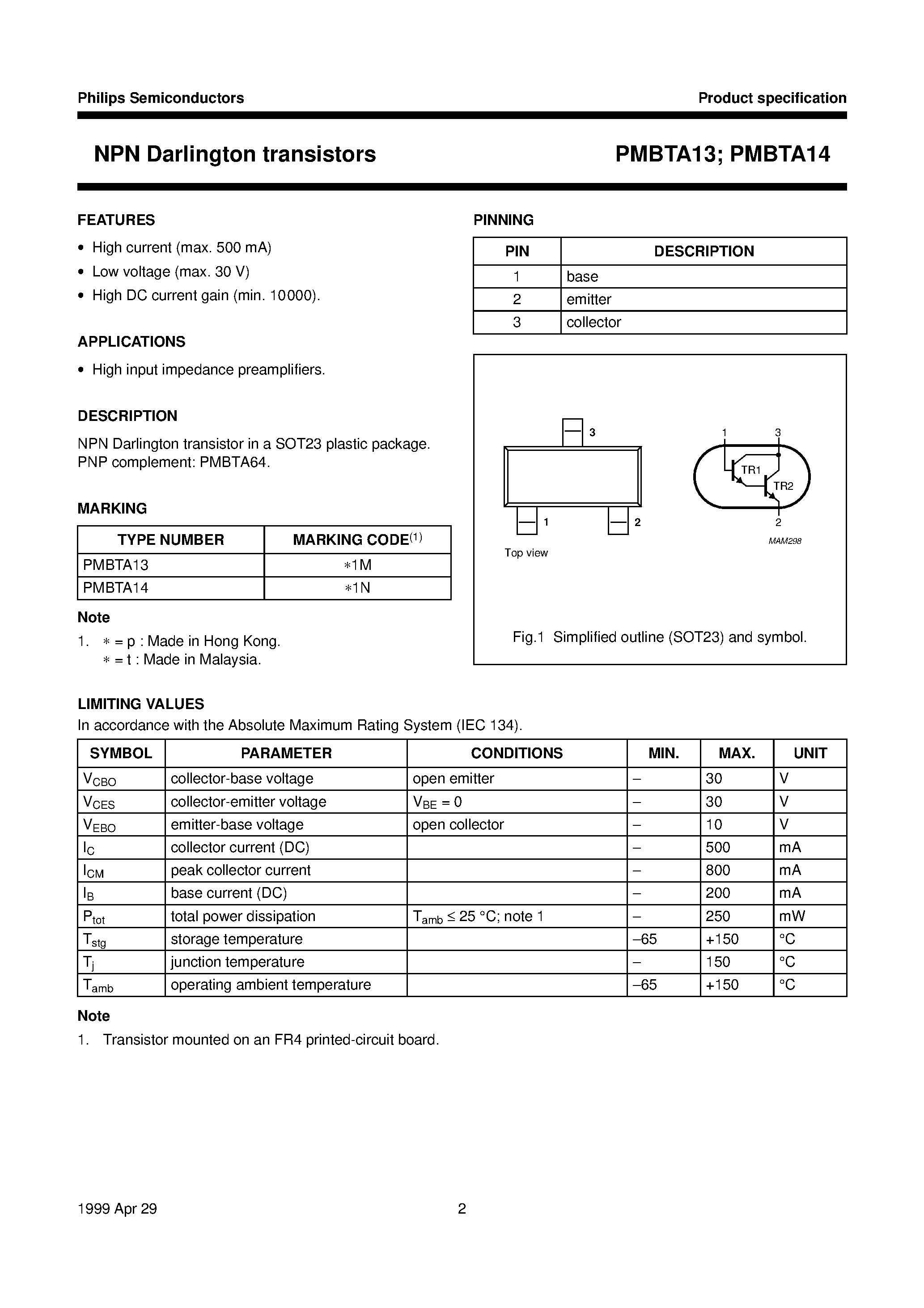 Datasheet PMBTA13 - NPN Darlington transistors page 2