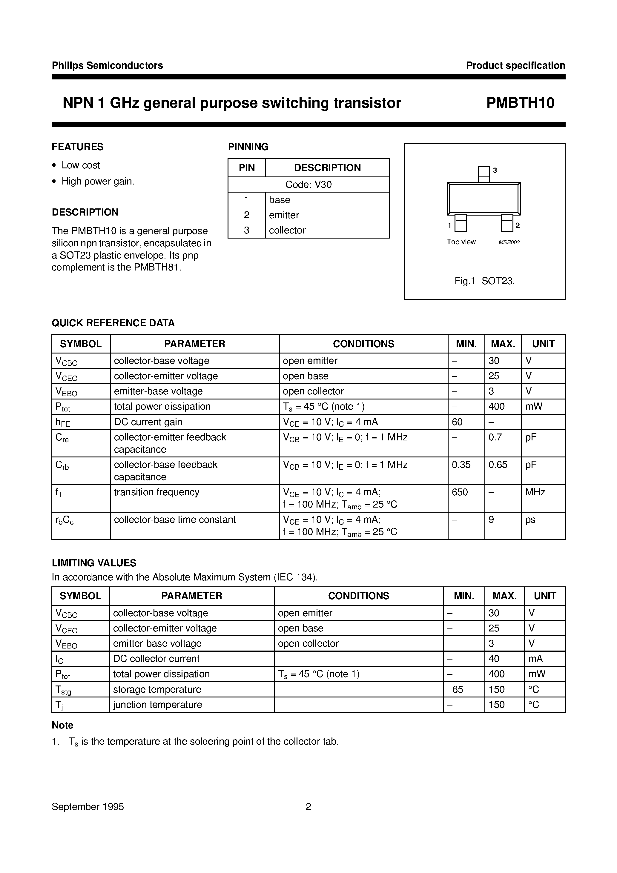 Datasheet PMBTH10 - NPN 1 GHz general purpose switching transistor page 2
