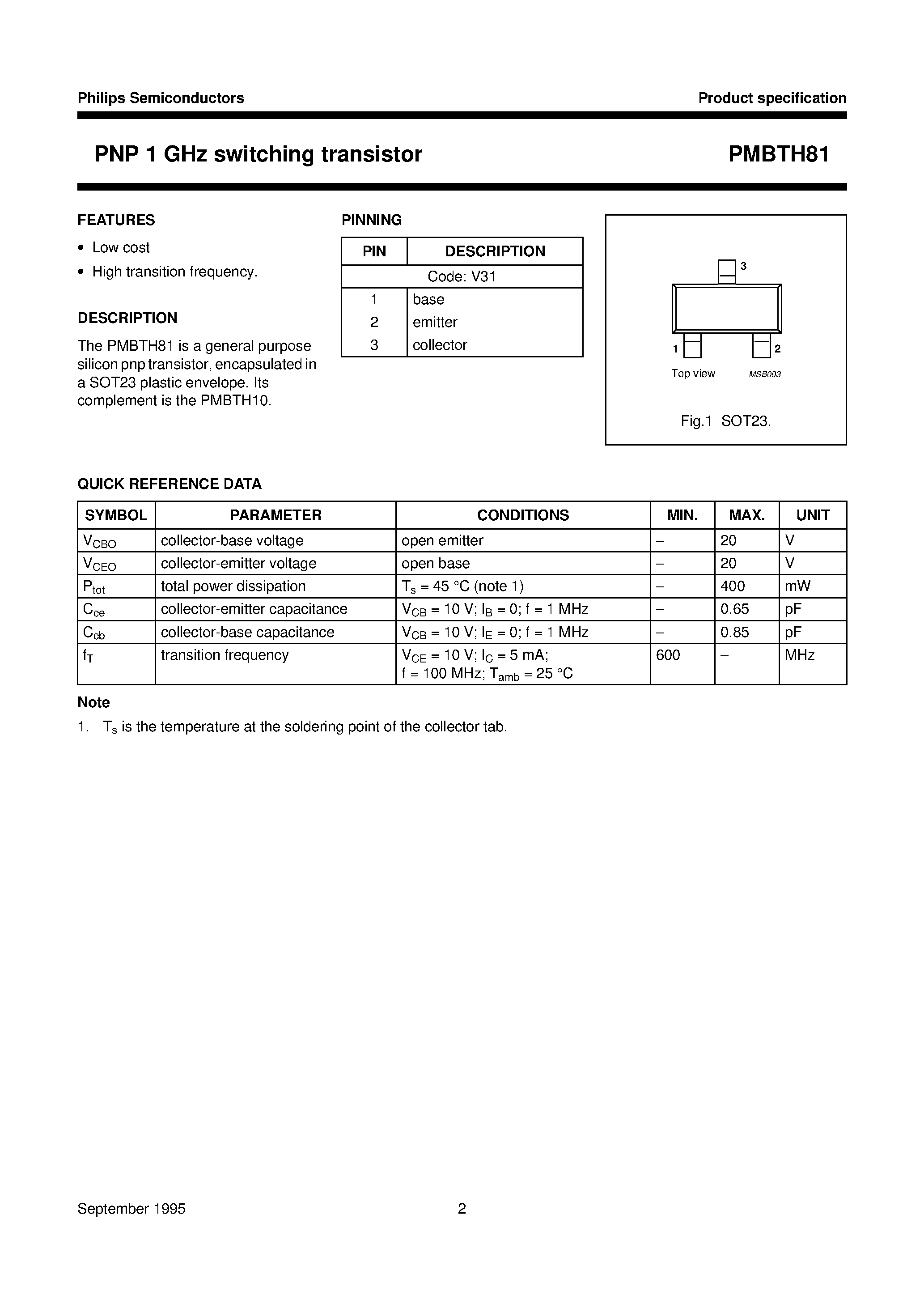 Datasheet PMBTH81 - PNP 1 GHz switching transistor page 2