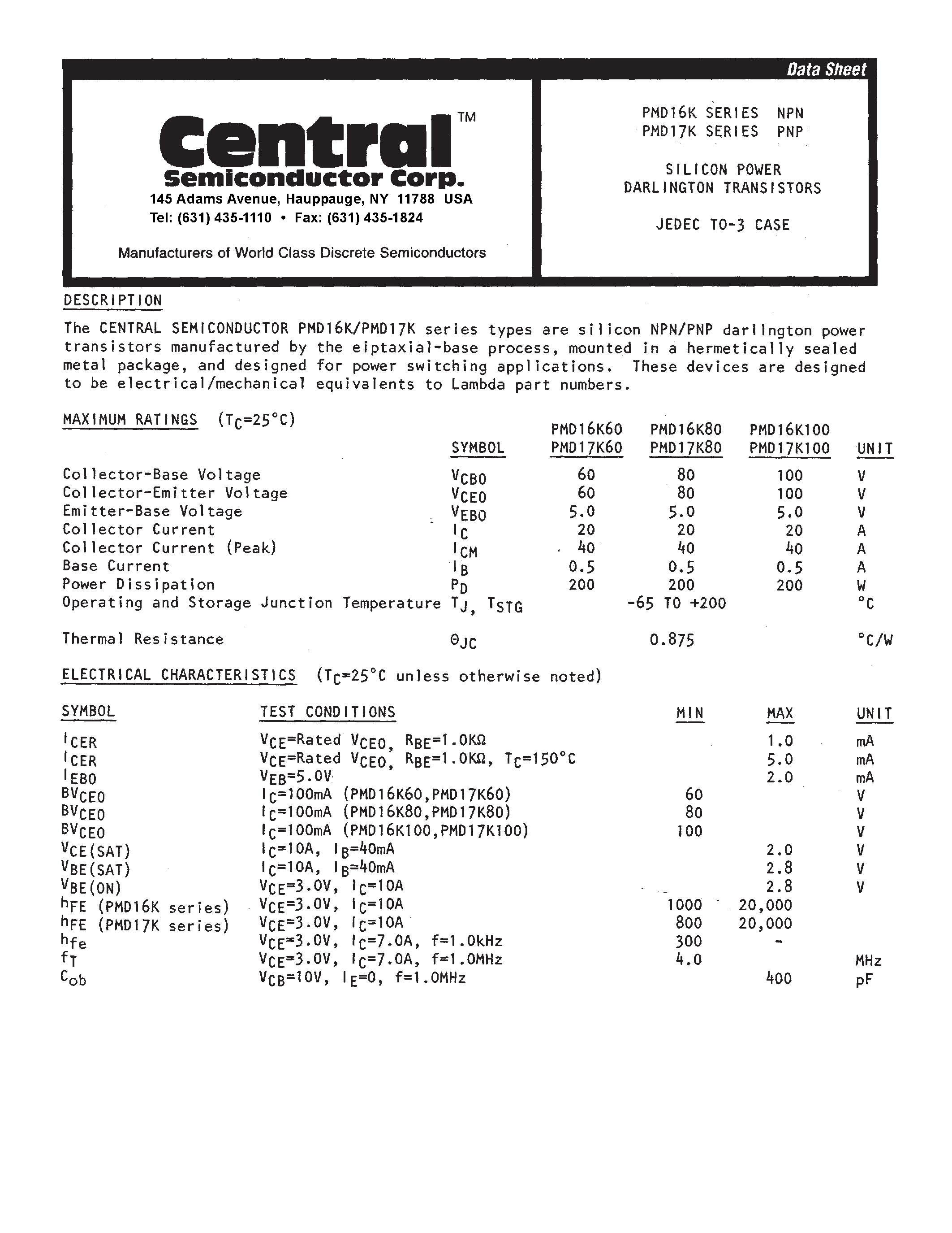 Datasheet PMD17K60 - SILICON POWER DARLINGTON TRANSISTORS page 1