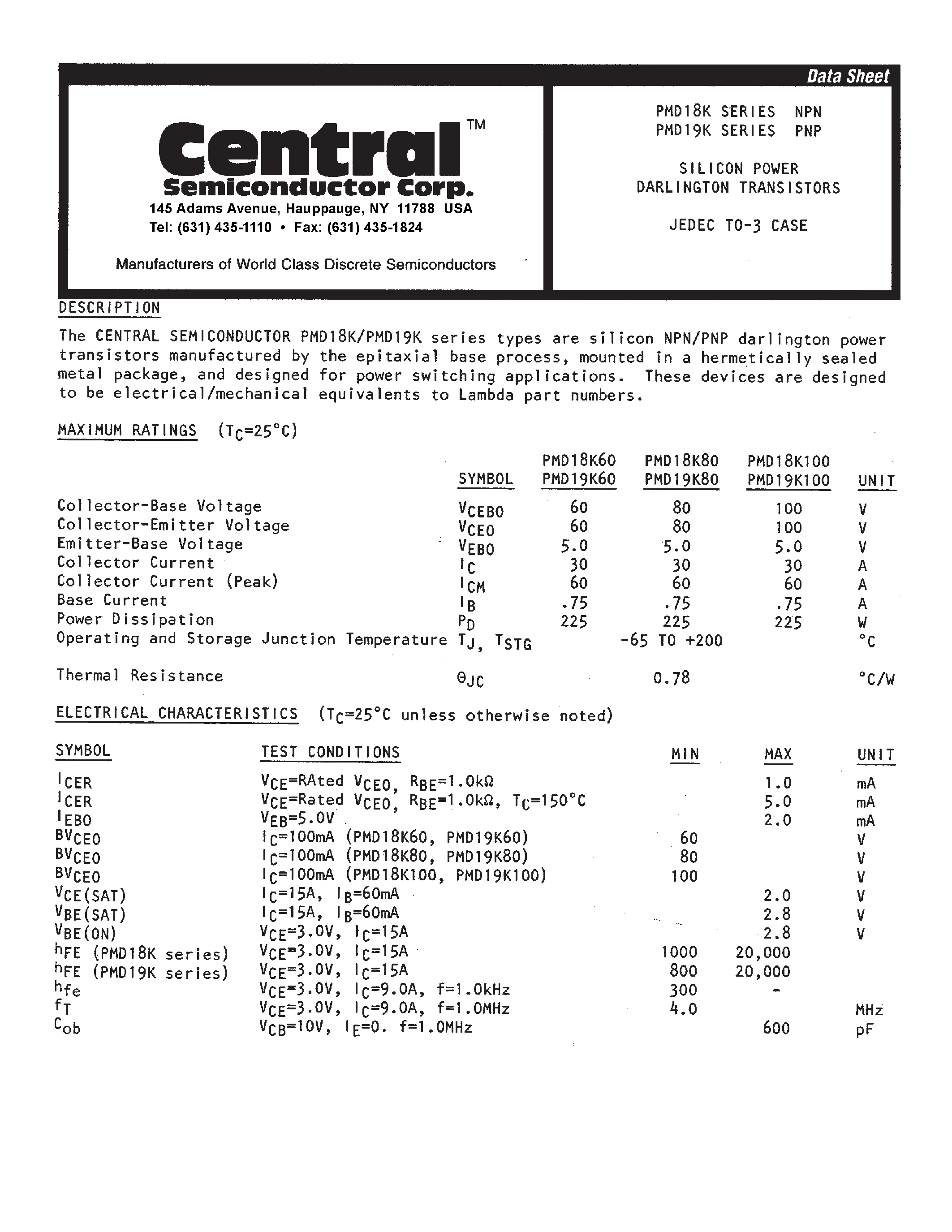 Datasheet PMD18K60 - SILICON POWER DARINGTON TRANSISTORS page 1