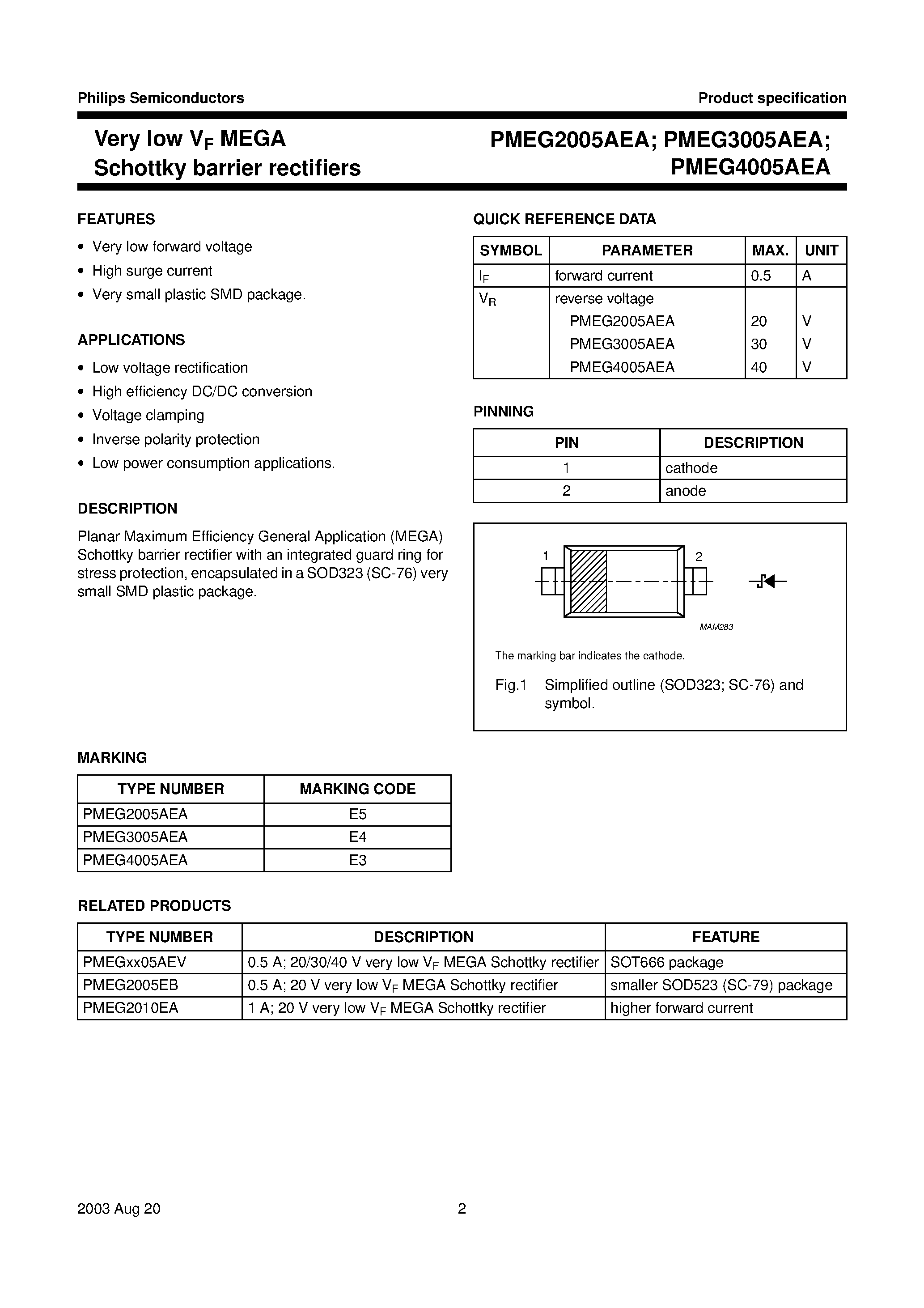 Datasheet PMEG4005AEA page 2 Datasheet PMEG4005AEA - Very low VF MEGA Schottky barrier rectifiers page 2