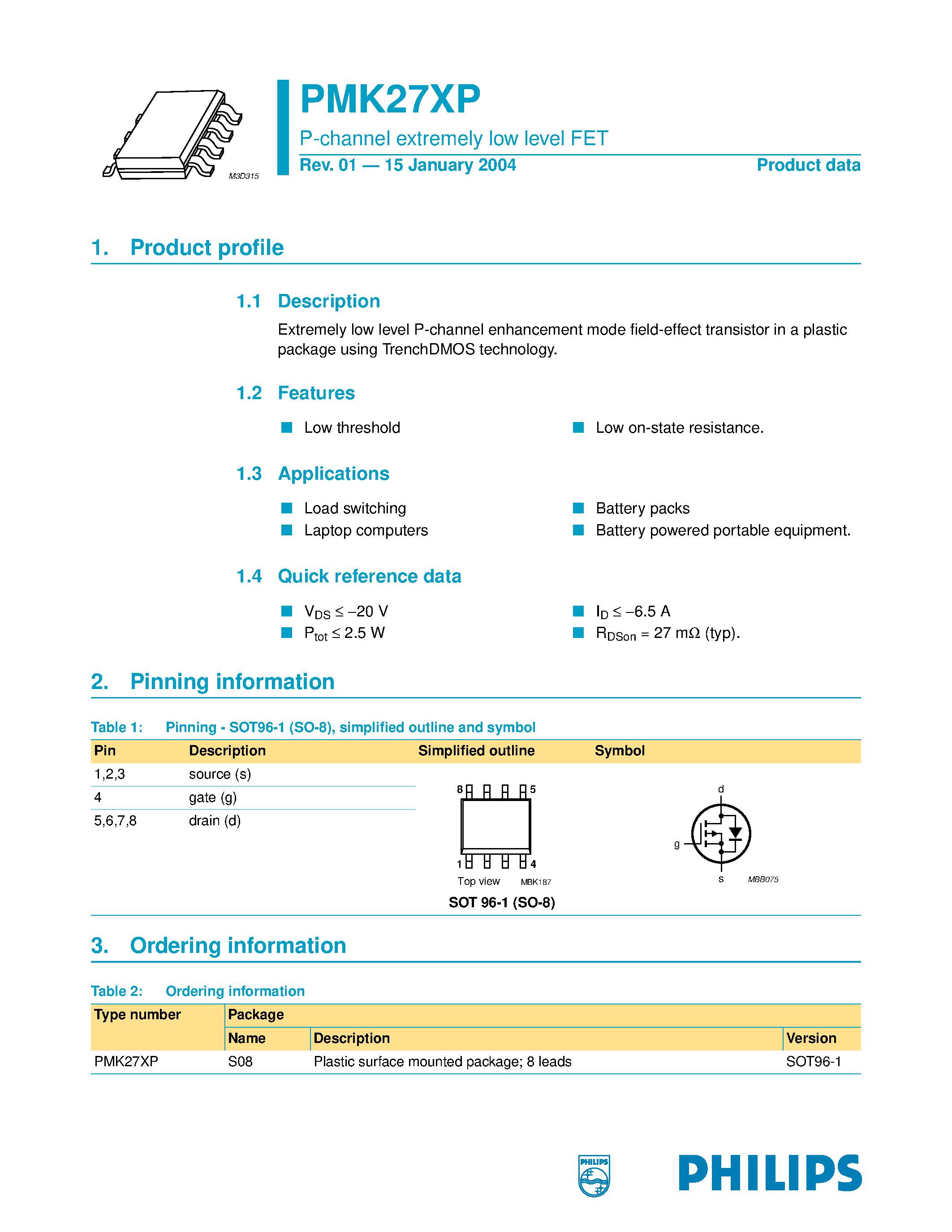 Datasheet PMK27XP - P-channel extremely low level FET page 1