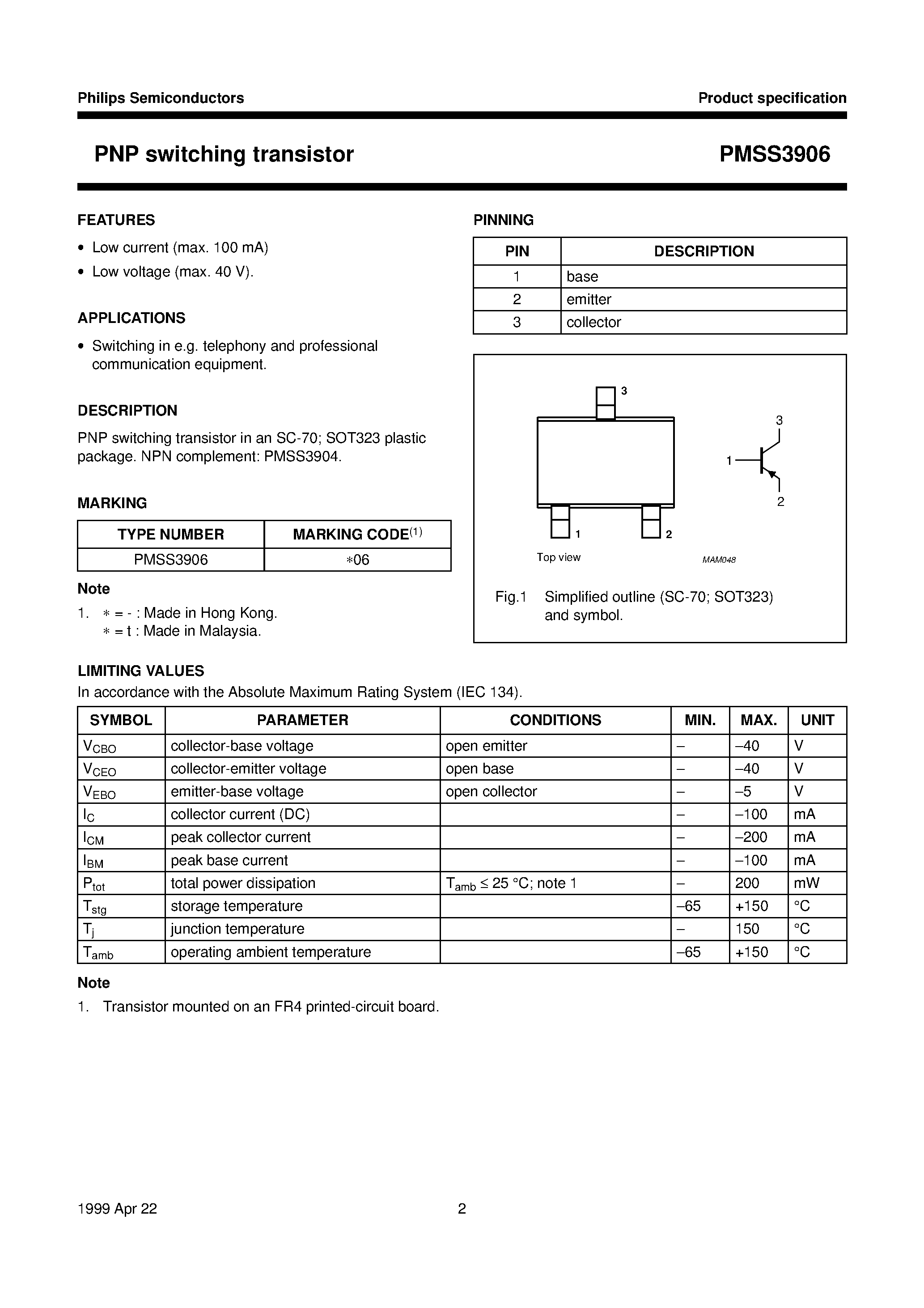 Datasheet PMSS3906 page 2 Datasheet PMSS3906 - PNP switching transistor page 2