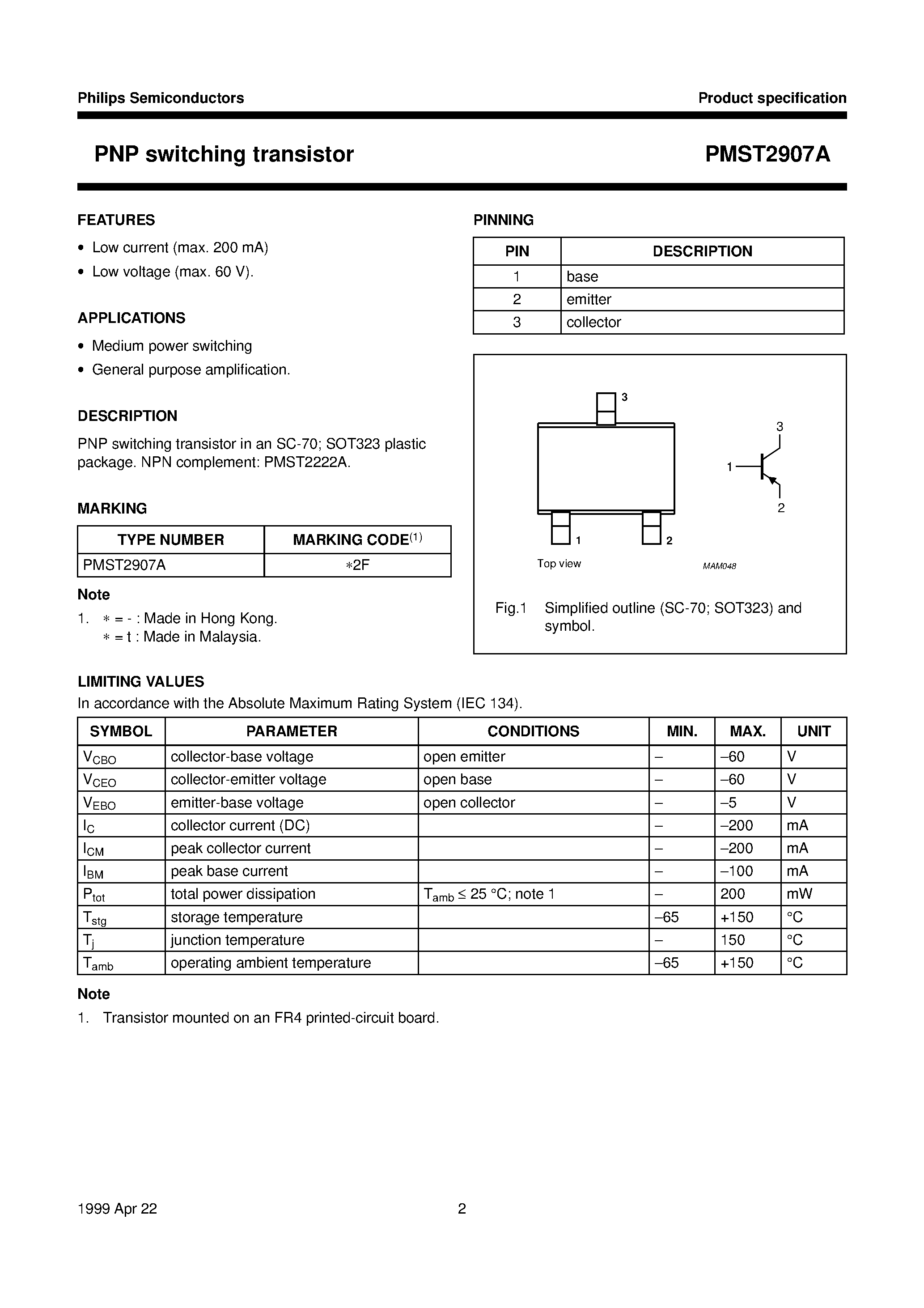 Datasheet PMST2907A page 2 Datasheet PMST2907A - PNP switching transistor page 2
