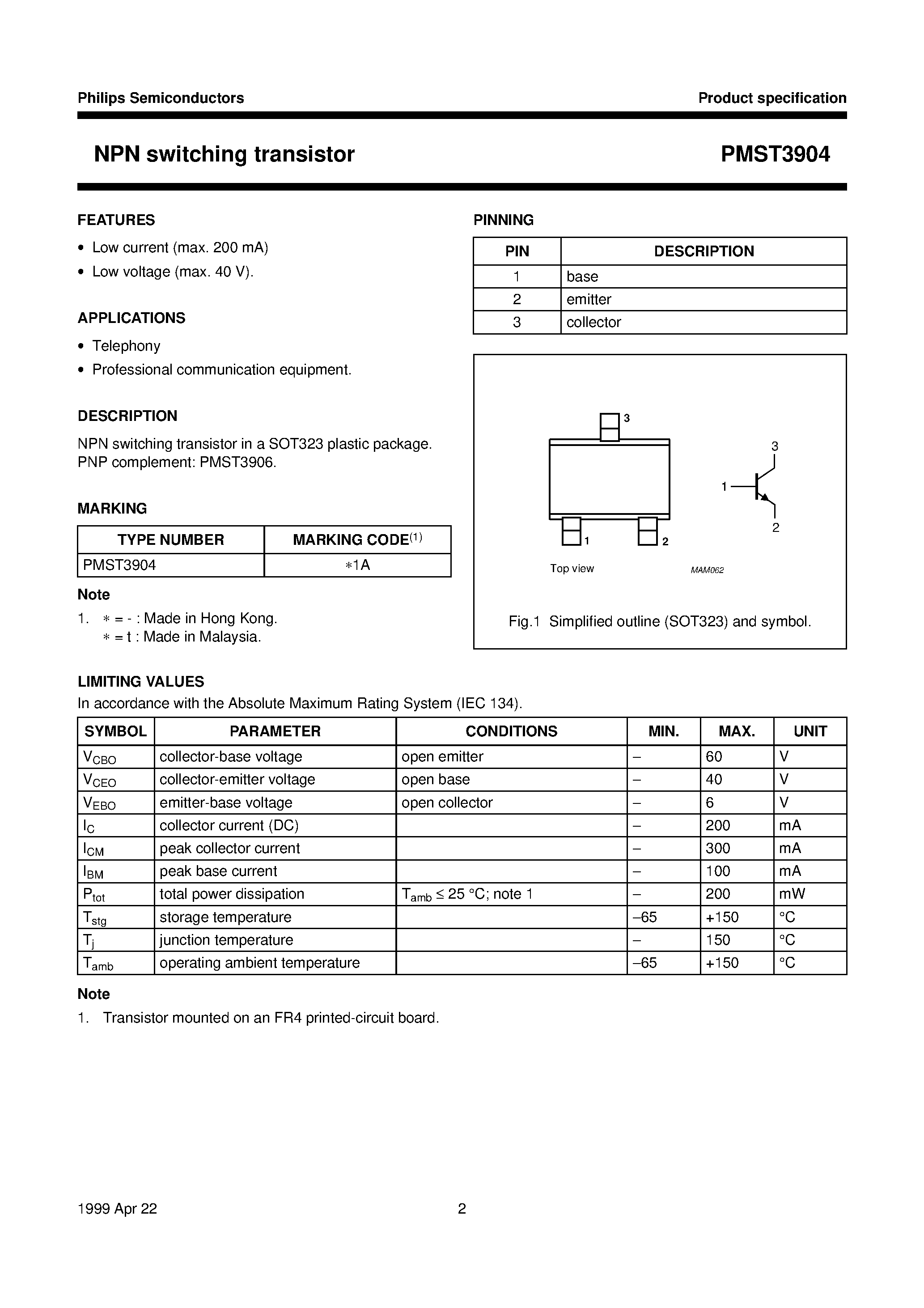 Datasheet PMST3904 page 2 Datasheet PMST3904 - NPN switching transistor page 2