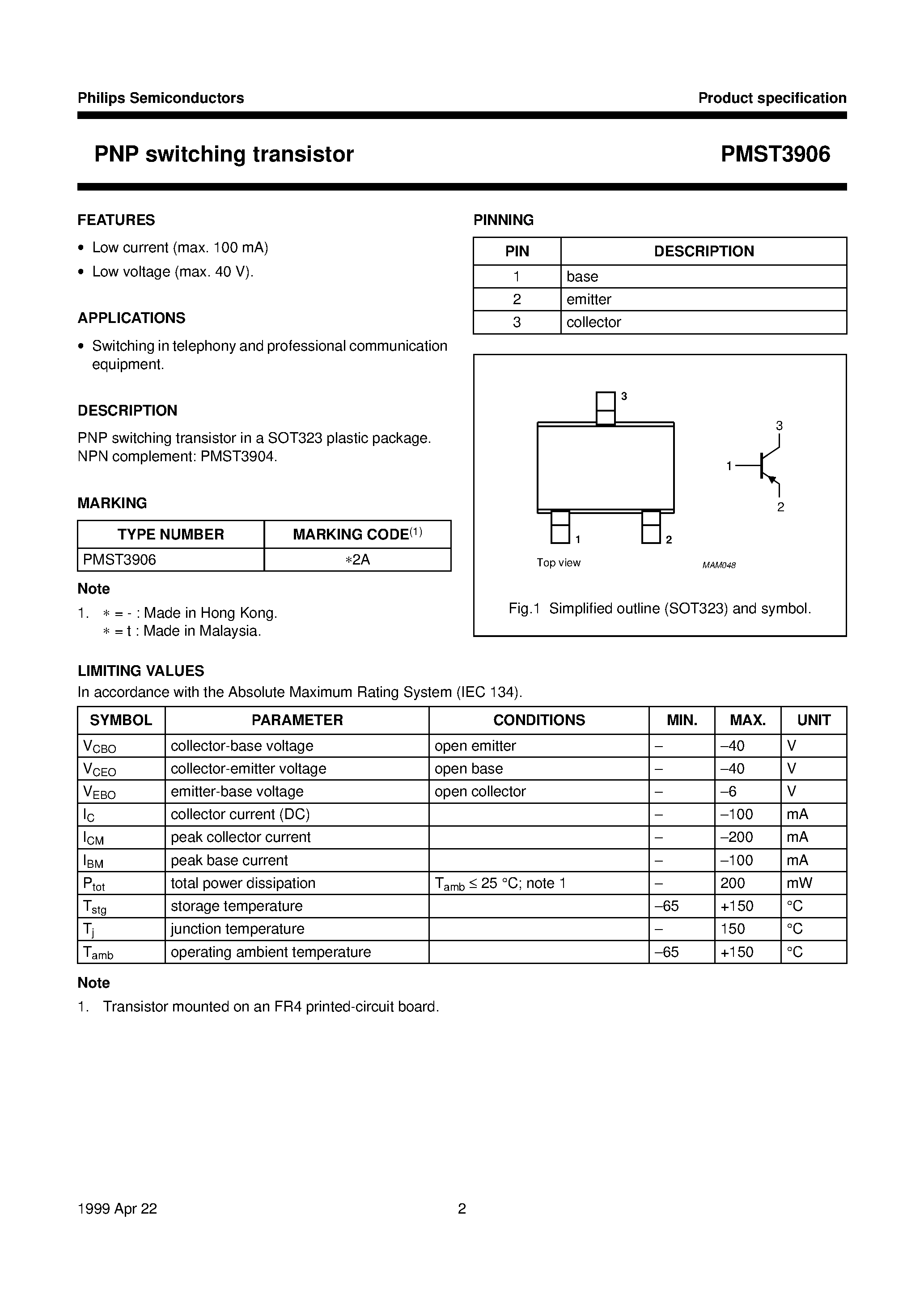 Datasheet PMST3906 page 2 Datasheet PMST3906 - PNP switching transistor page 2