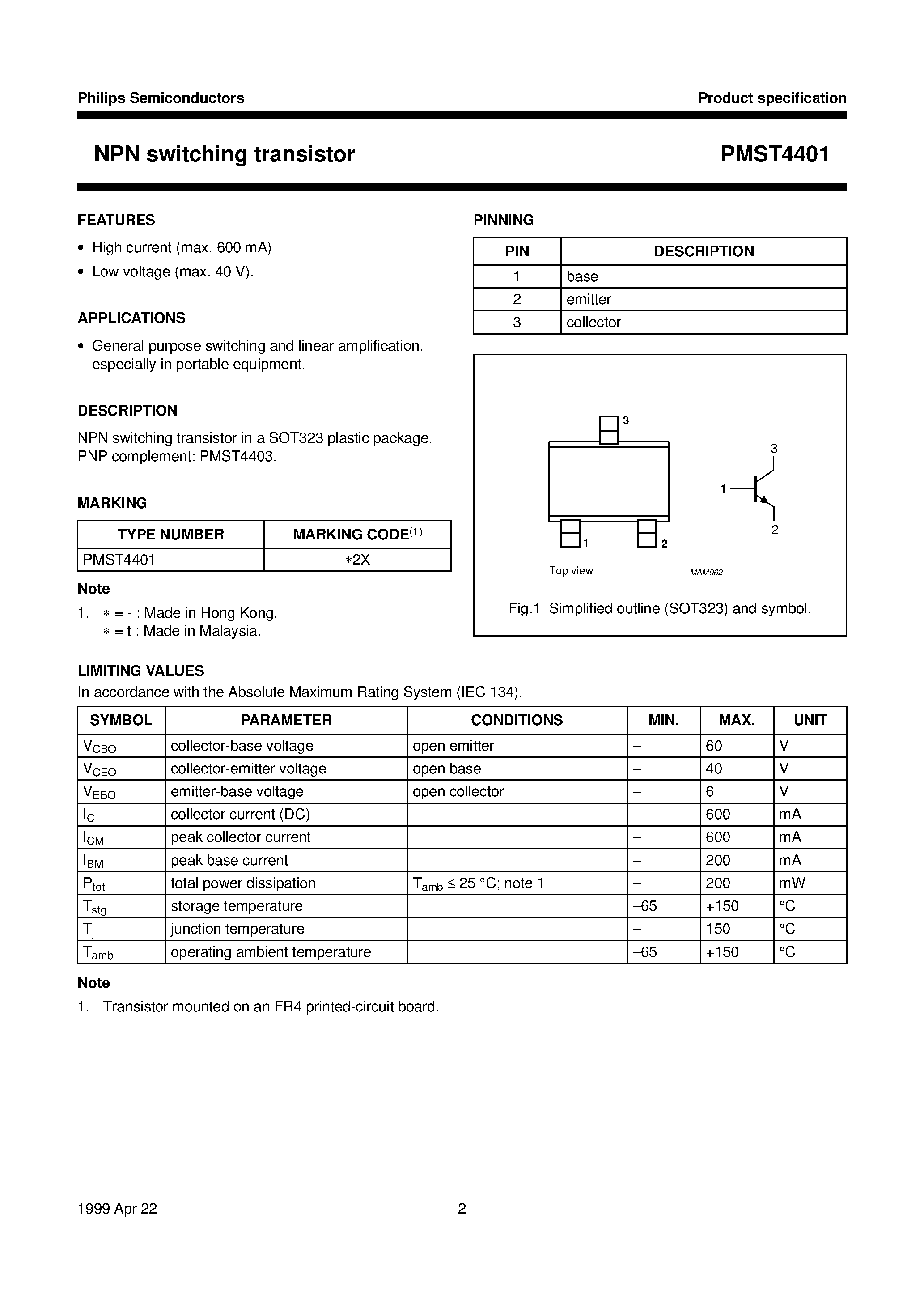 Datasheet PMST4401 page 2 Datasheet PMST4401 - NPN switching transistor page 2