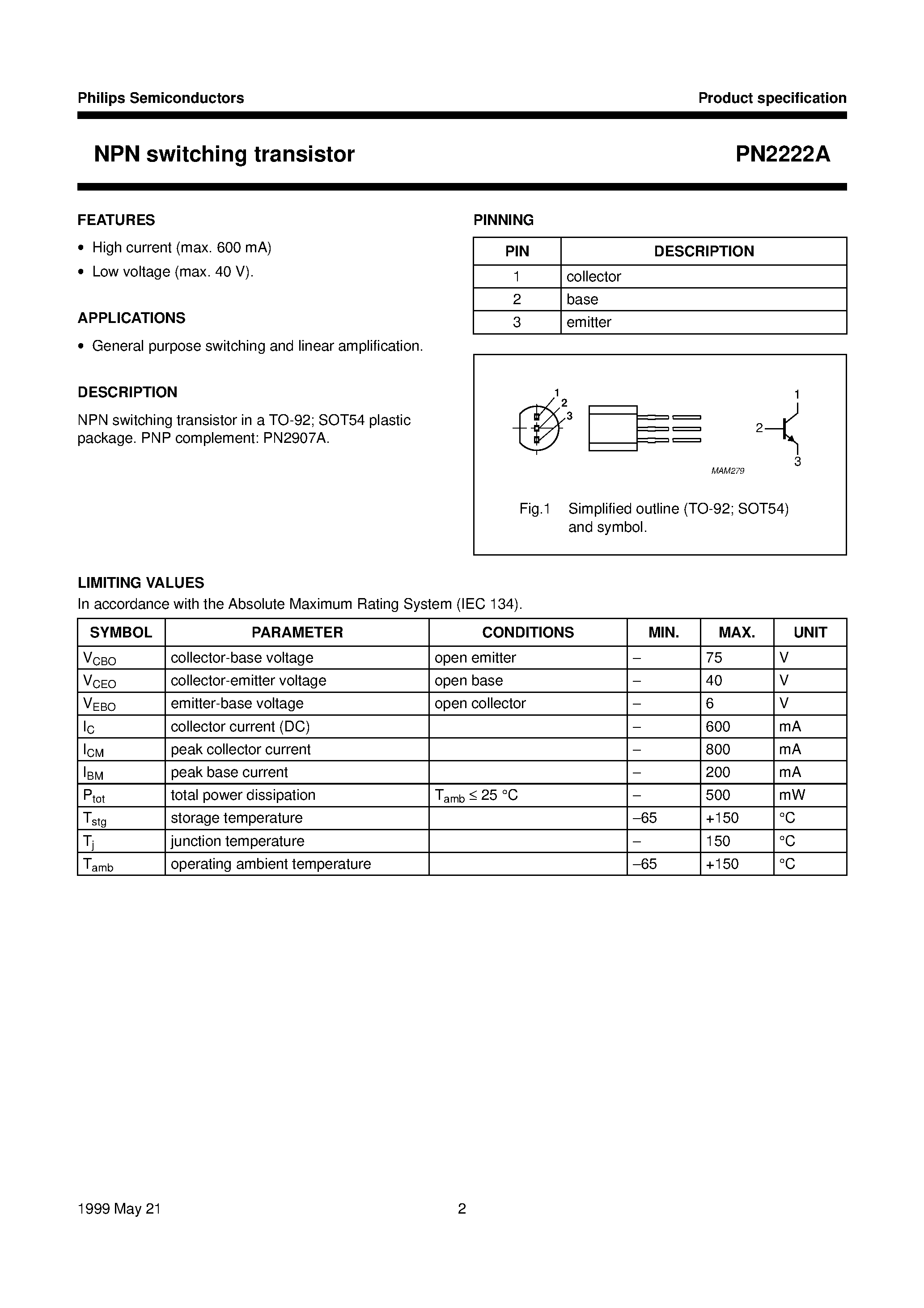 Datasheet PN2222A page 2 Datasheet PN2222A - NPN switching transistor page 2
