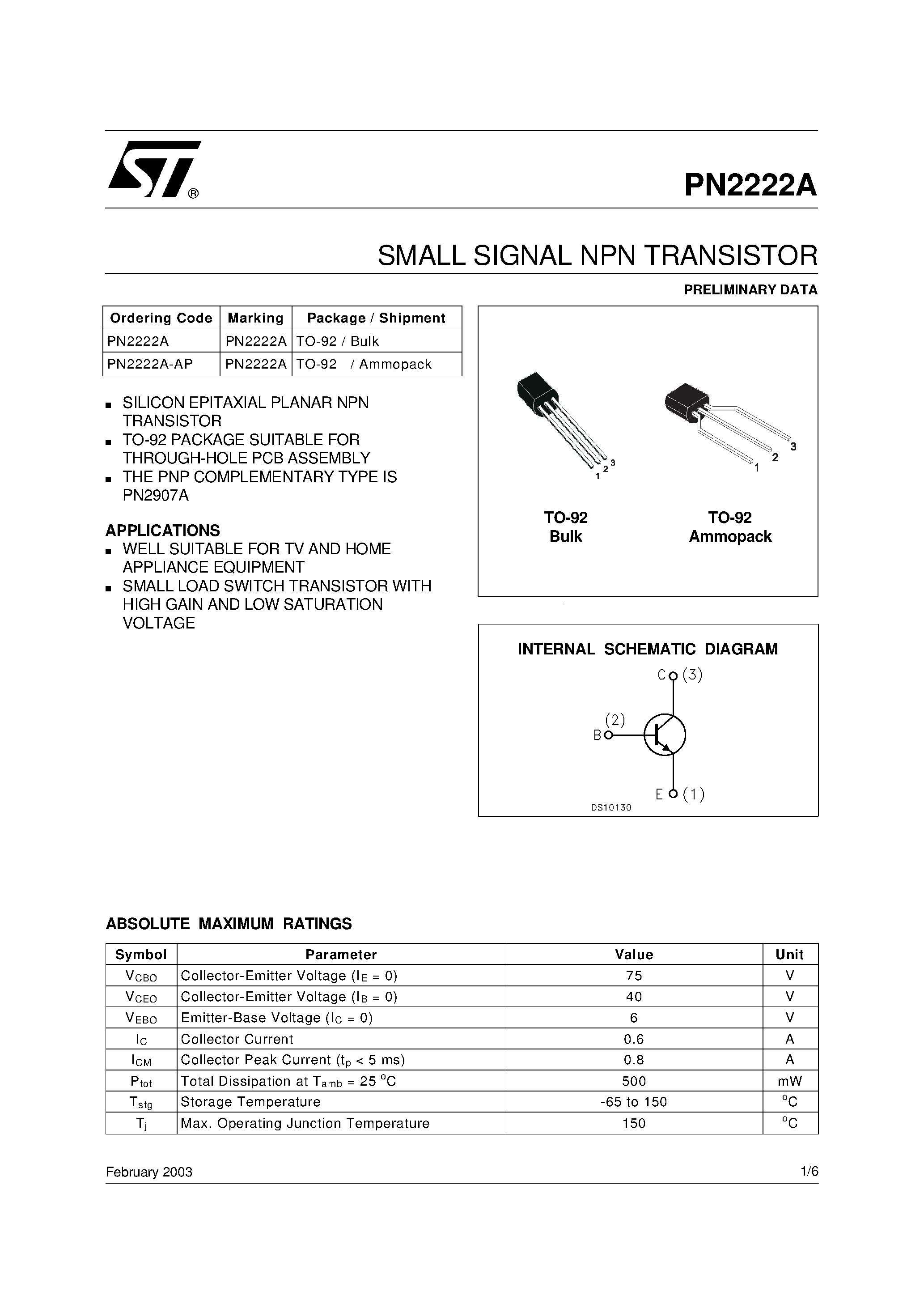 Даташит PN2222A - SMALL SIGNAL NPN TRANSISTOR страница 1