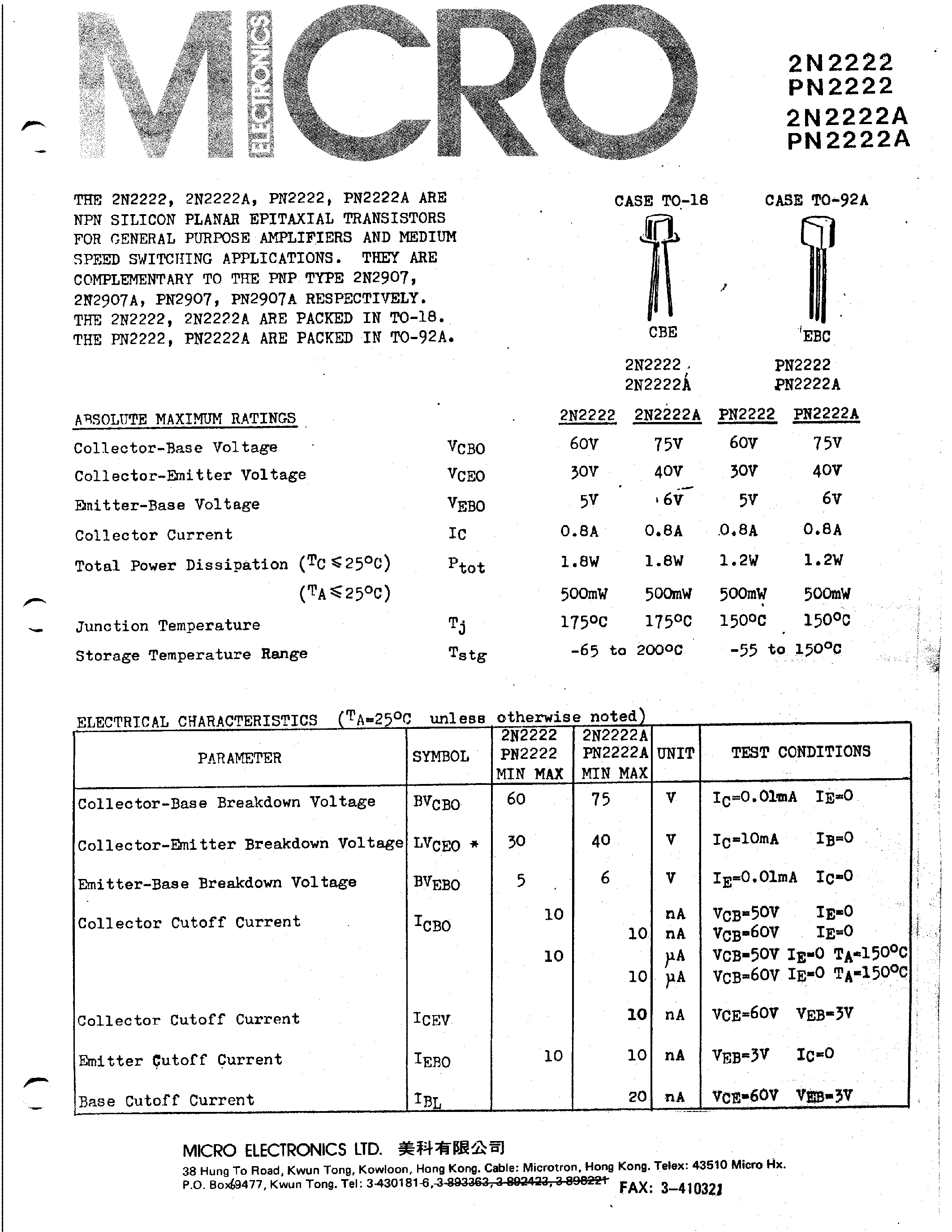 Datasheet PN2222A - NPN SILICON PLANAR EPITAXIAL TRANSISTORS page 1