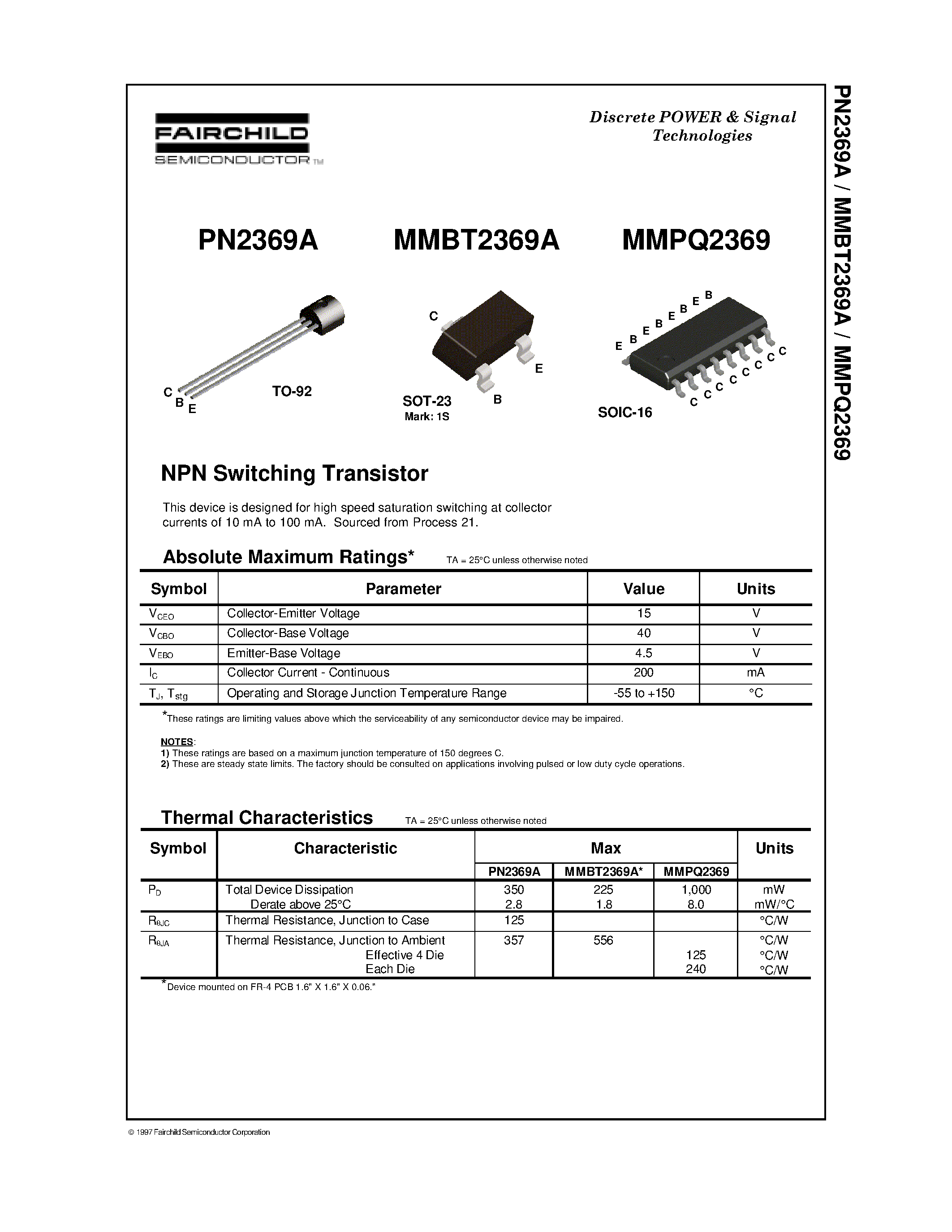 Datasheet PN2369A page 1 Datasheet PN2369A - NPN Switching Transistor page 1