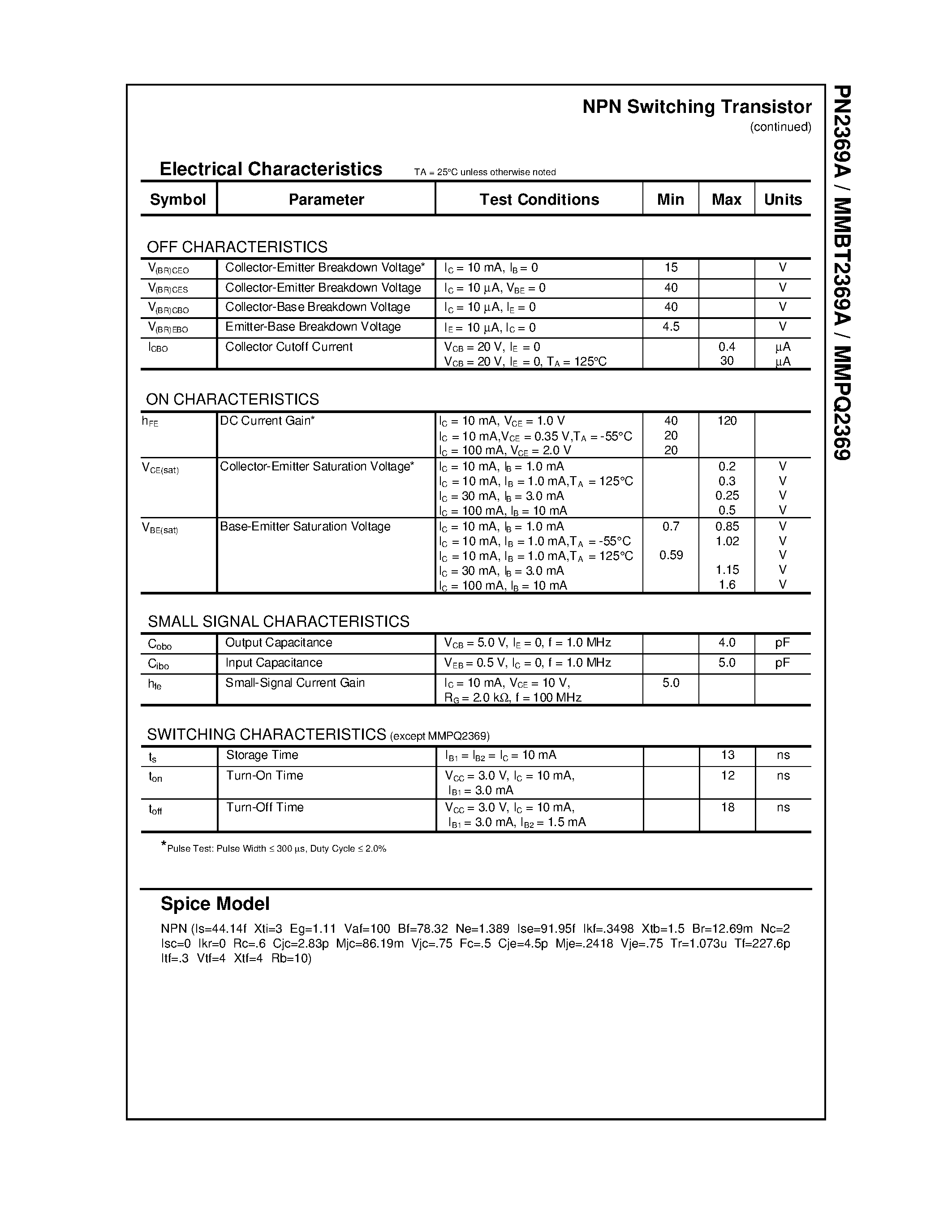 Datasheet PN2369A page 2 Datasheet PN2369A - NPN Switching Transistor page 2
