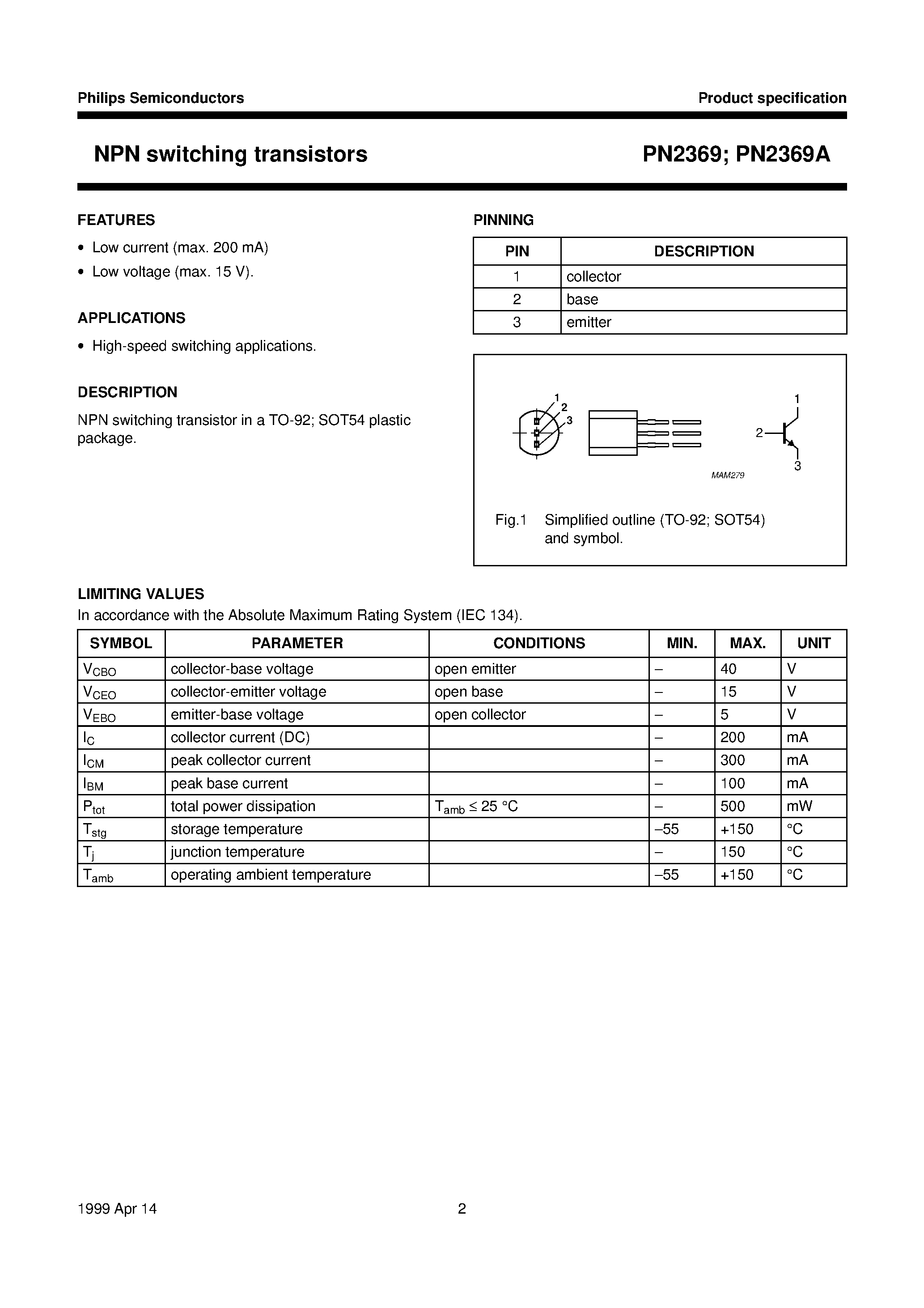Datasheet PN2369A - NPN switching transistors page 2