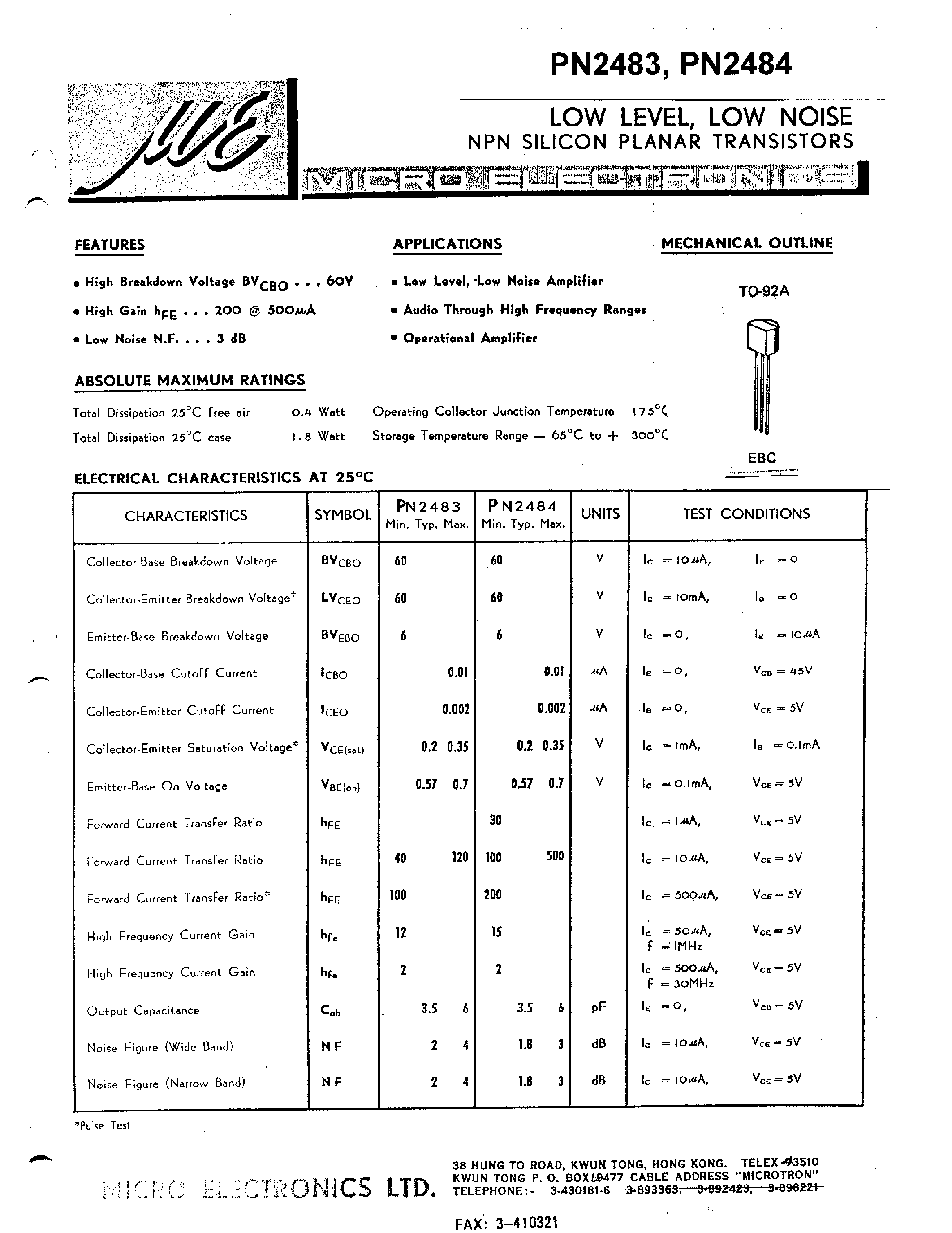 Datasheet PN2484 - LOW LEVEL / LOW NOISE NPN SILICON PLANAR TRANSISTORS page 1
