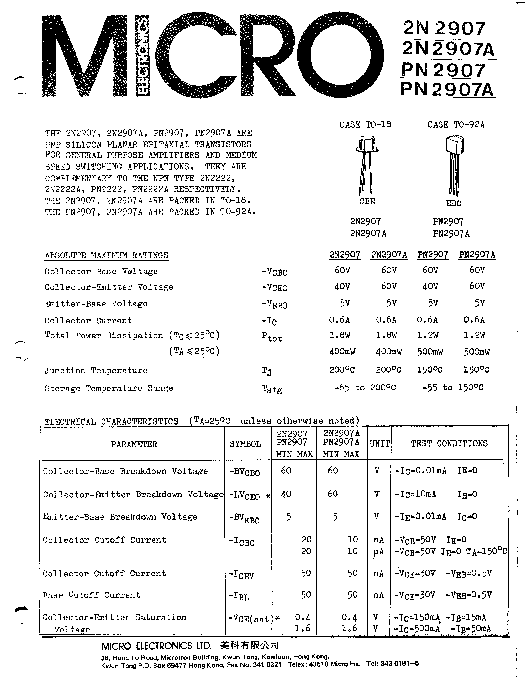 Datasheet PN2907 - PNP SILICON PLANAR EPITAXIAL TRANSISTORS page 1