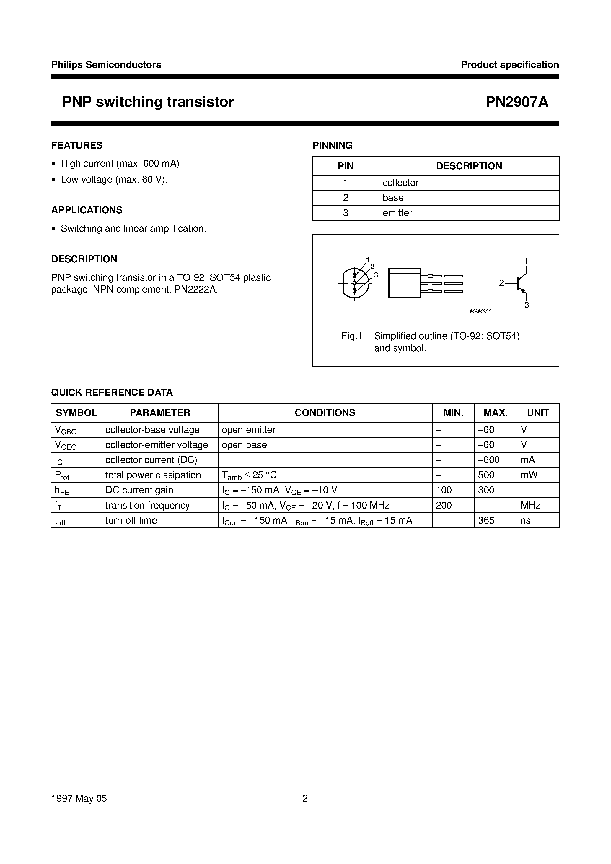 Datasheet PN2907 page 2 Datasheet PN2907 - PNP switching transistor page 2