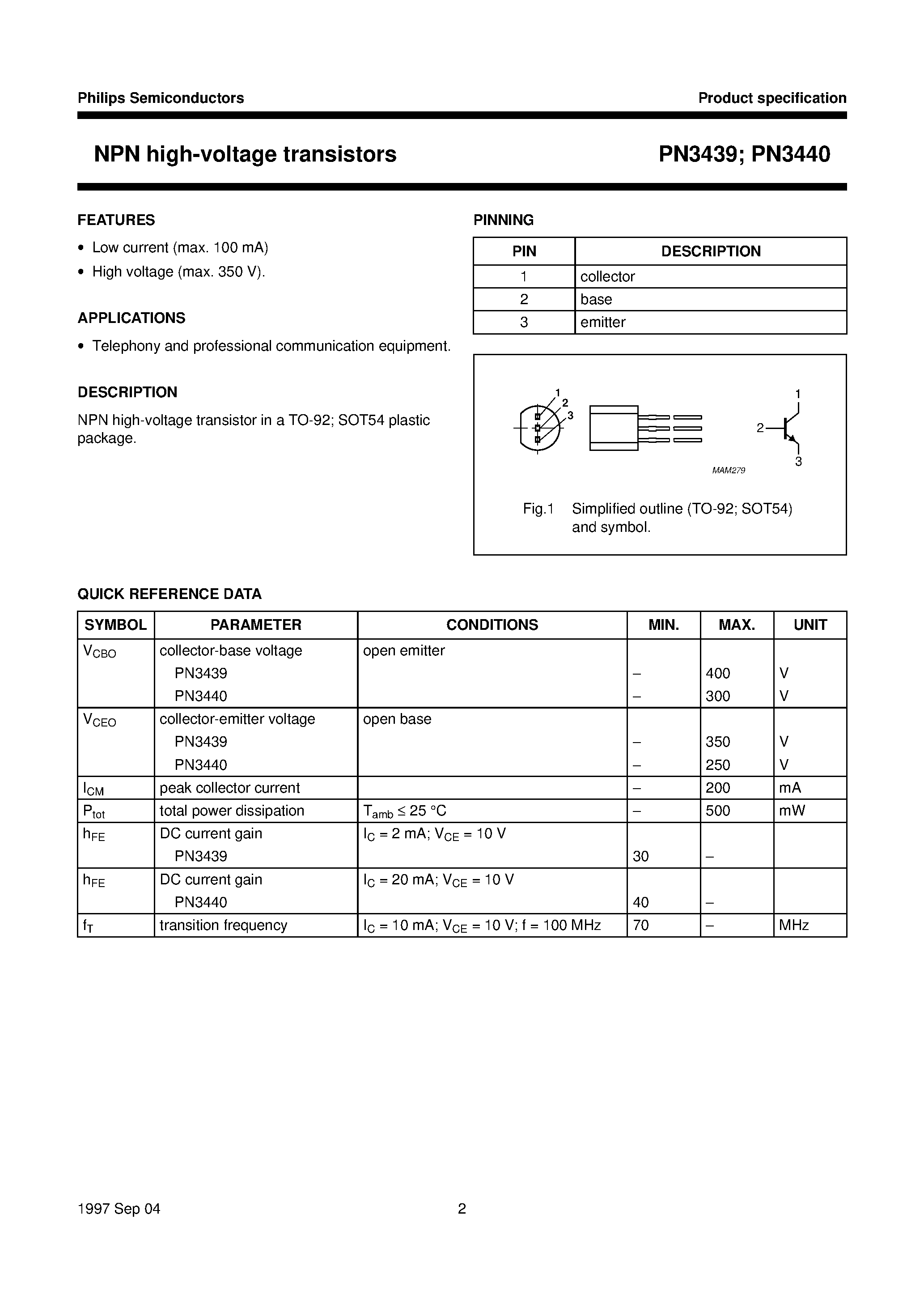 Datasheet PN3439 - NPN high-voltage transistors page 2