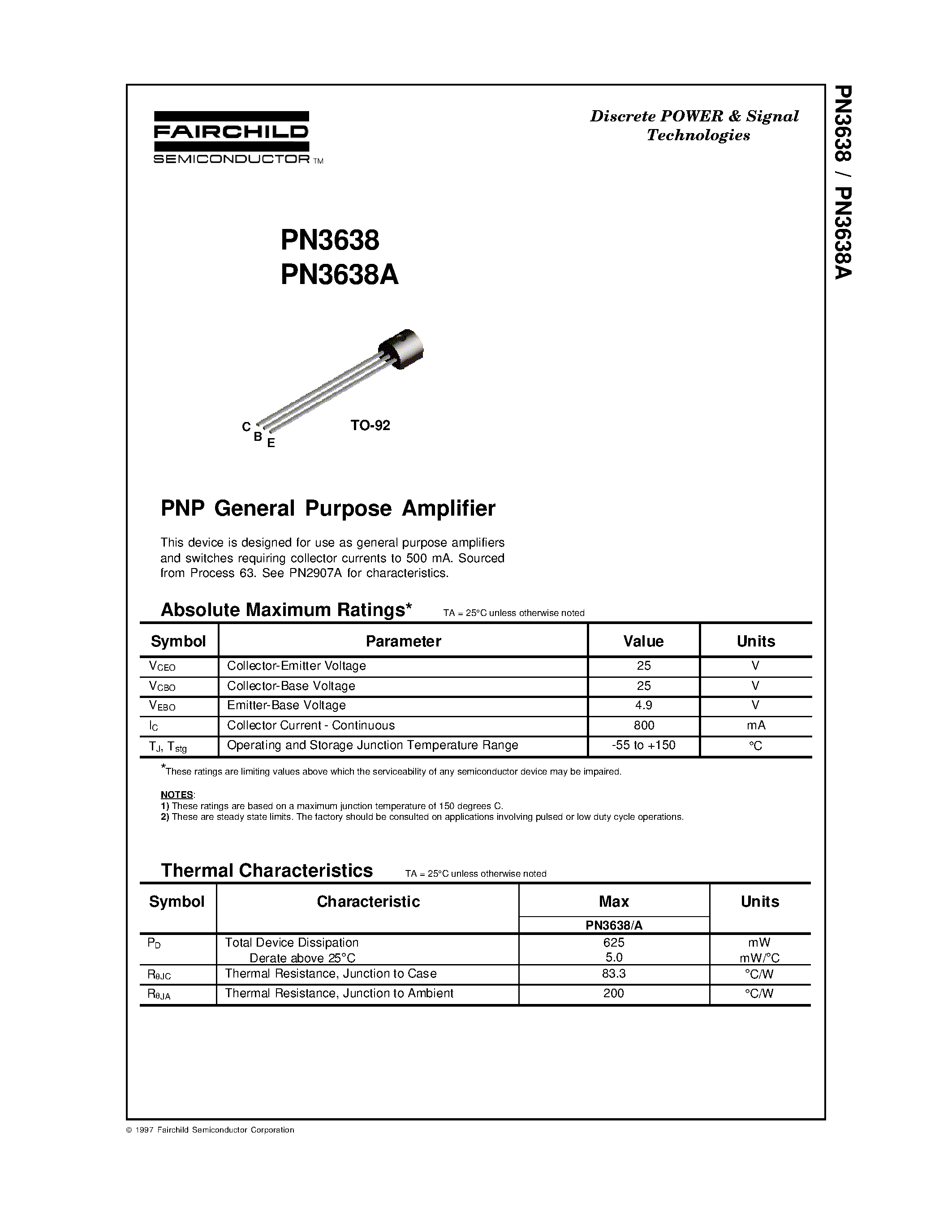 Даташит на микросхему PN3638 страница 1 Даташит PN3638 - PNP Small Signal General Purpose Amplifiers & Switches страница 1