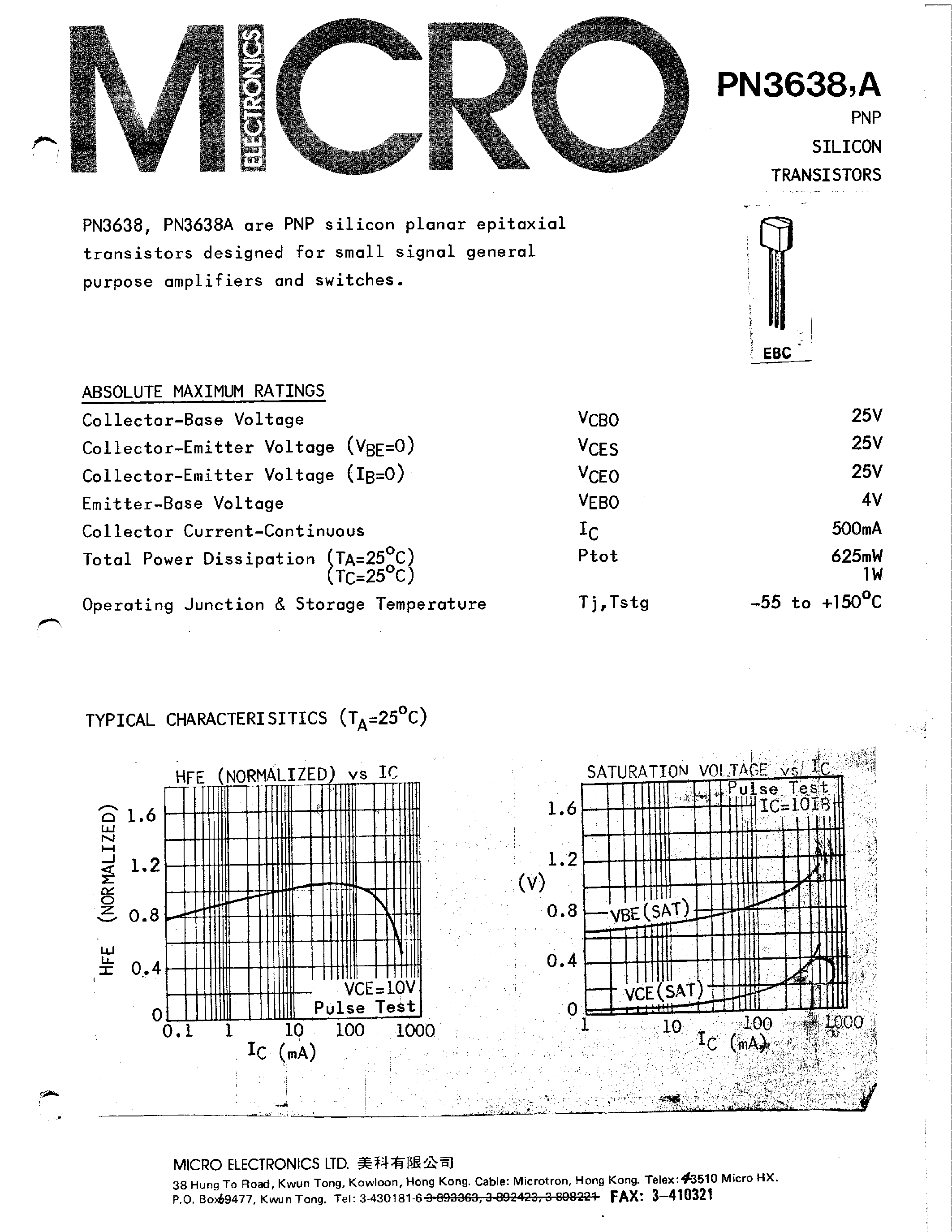 Datasheet PN3638A - PNP SILICON TRANSISTORS page 1
