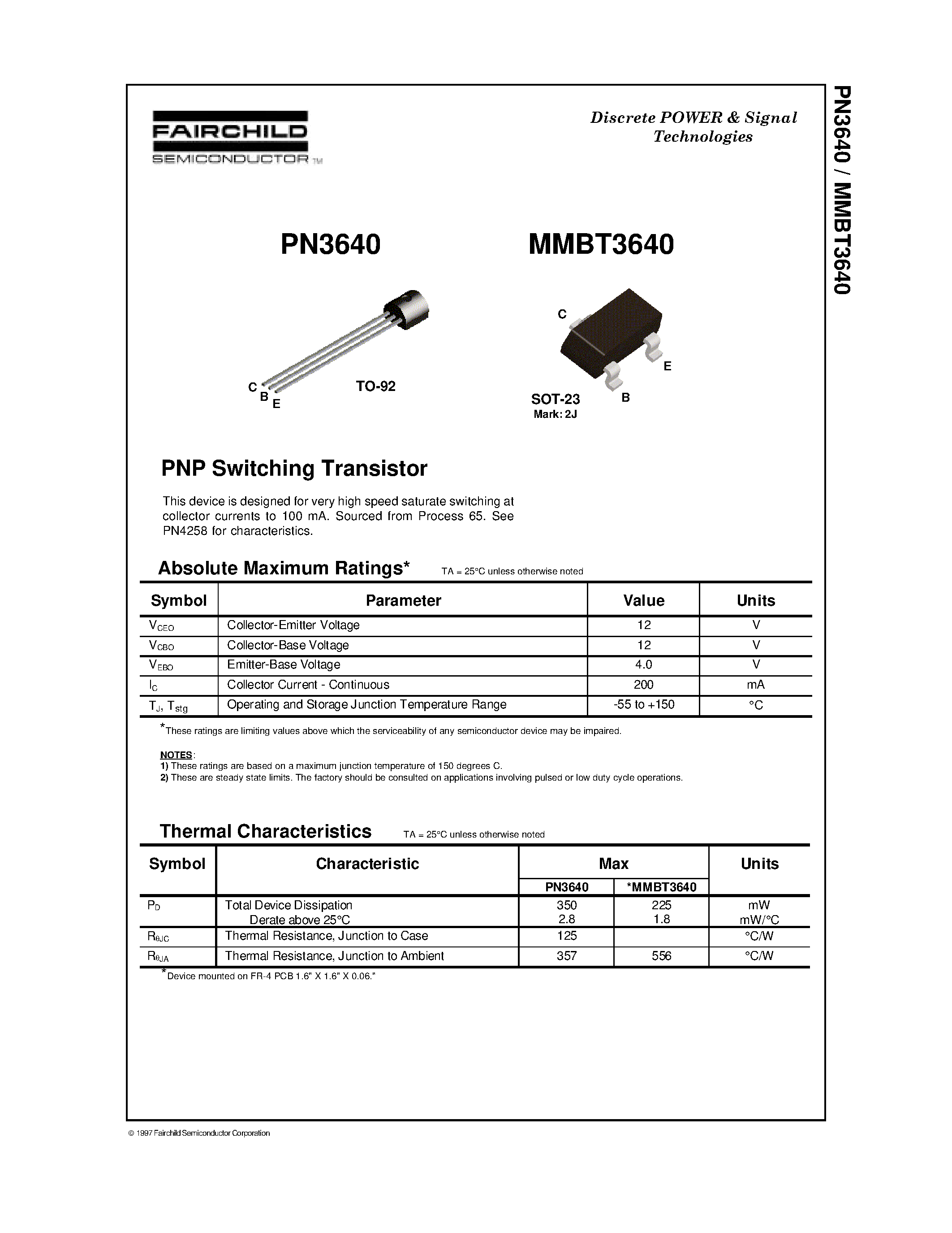 Datasheet PN3640 page 1 Datasheet PN3640 - PNP Switching Transistor page 1