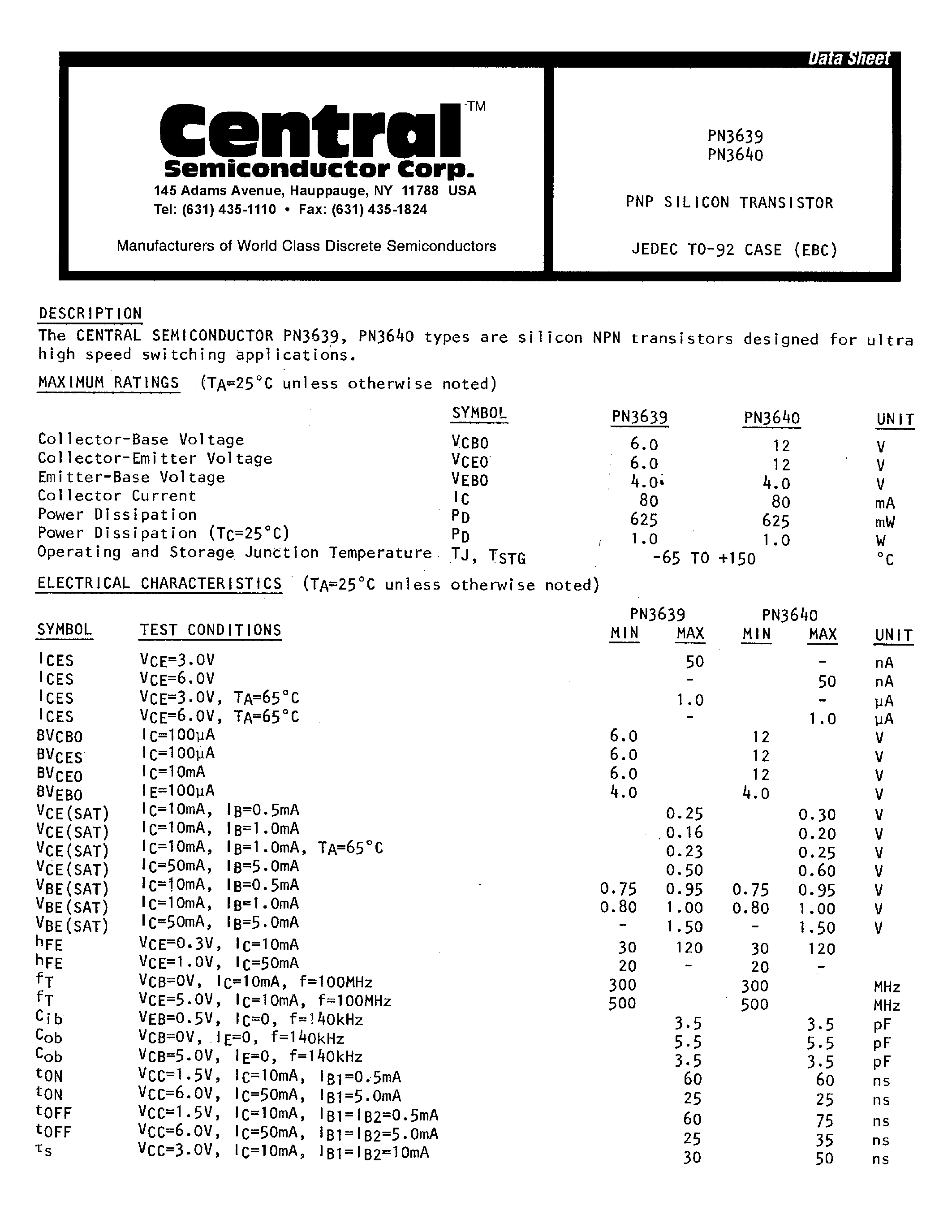 Datasheet PN3640 - Small Signal Transistors page 1