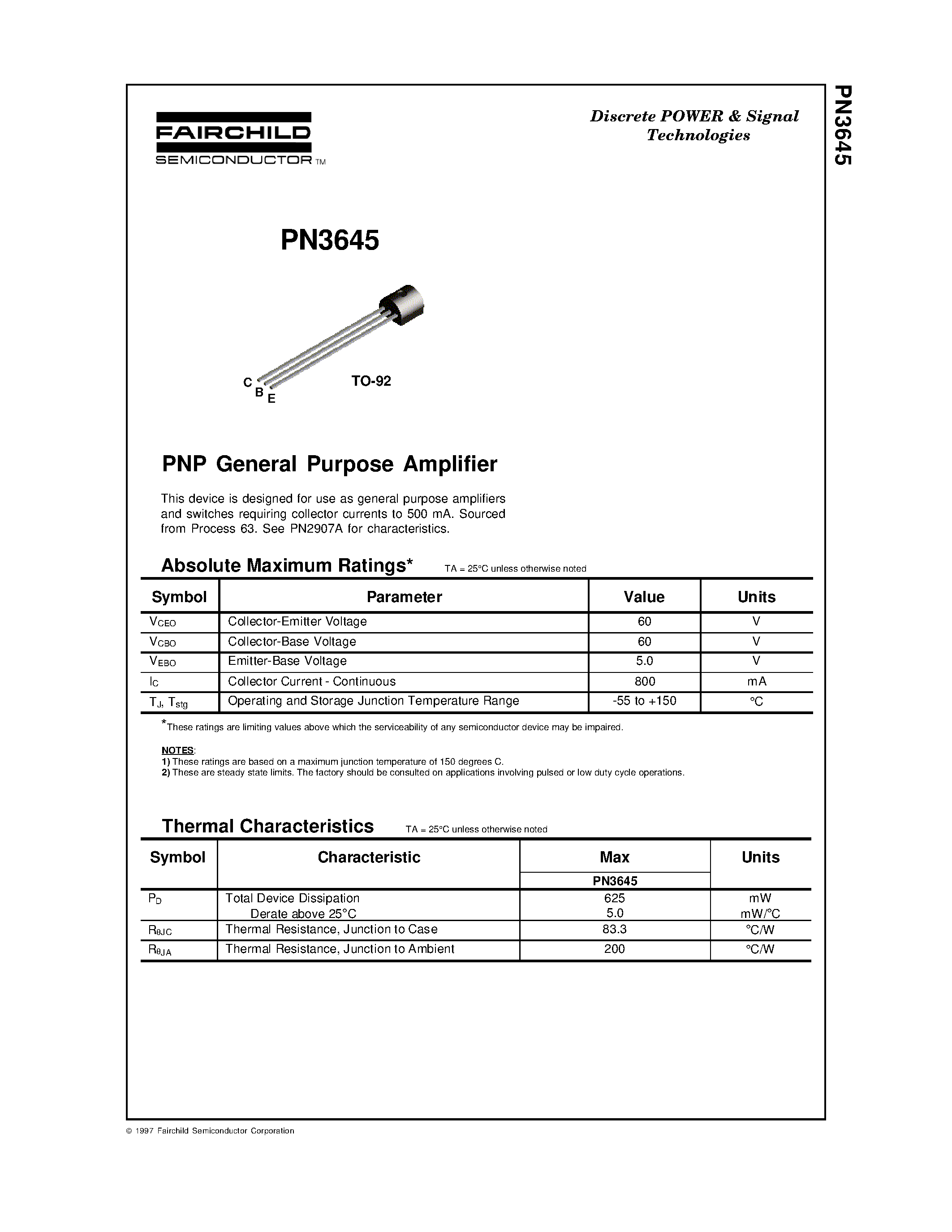 Datasheet PN3645 - PNP S mall Signal General Purpose Amplifiers & Switches page 1