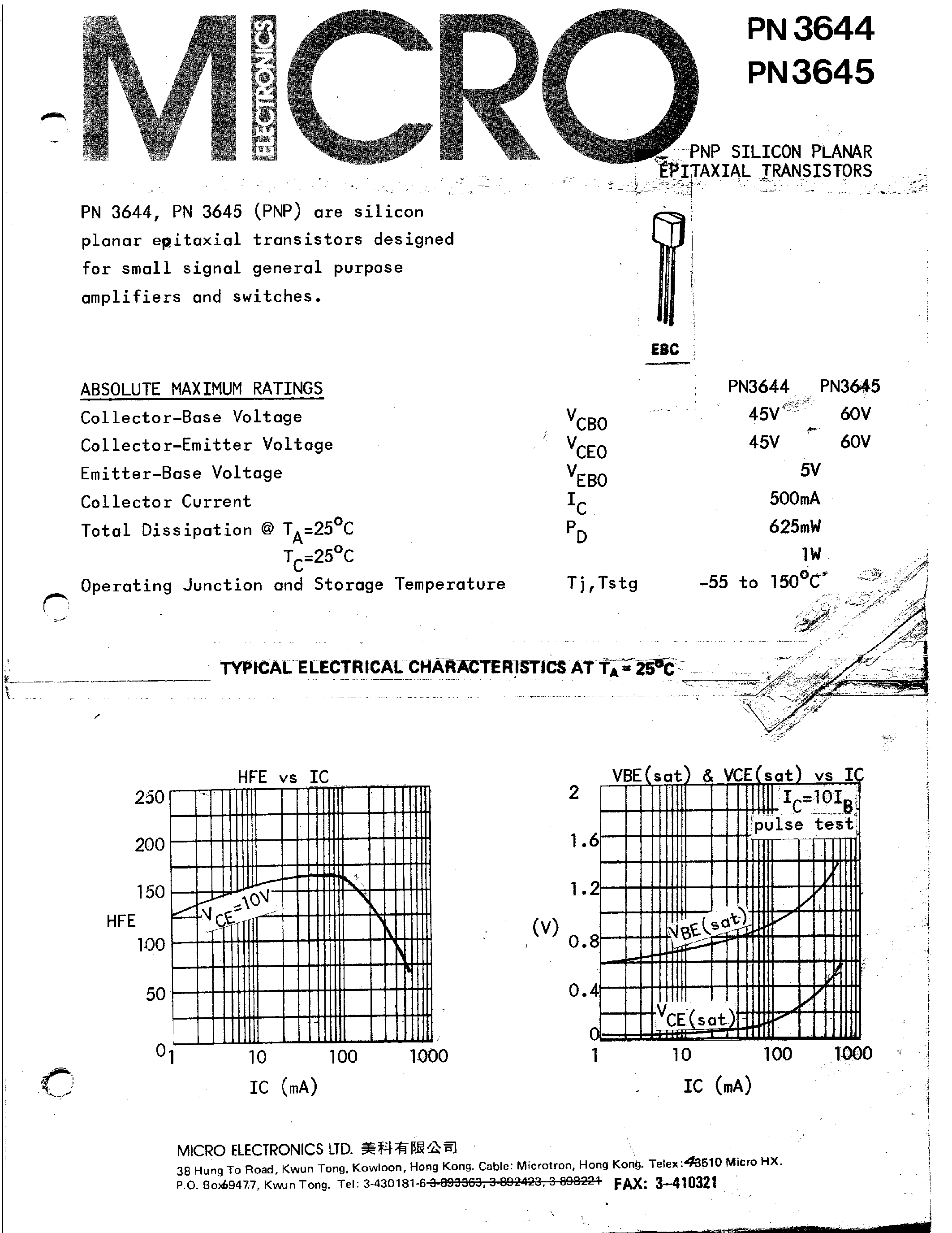 Datasheet PN3645 - PNP SILICON PLANAR EPITAXIAL TRANSISTORS page 1