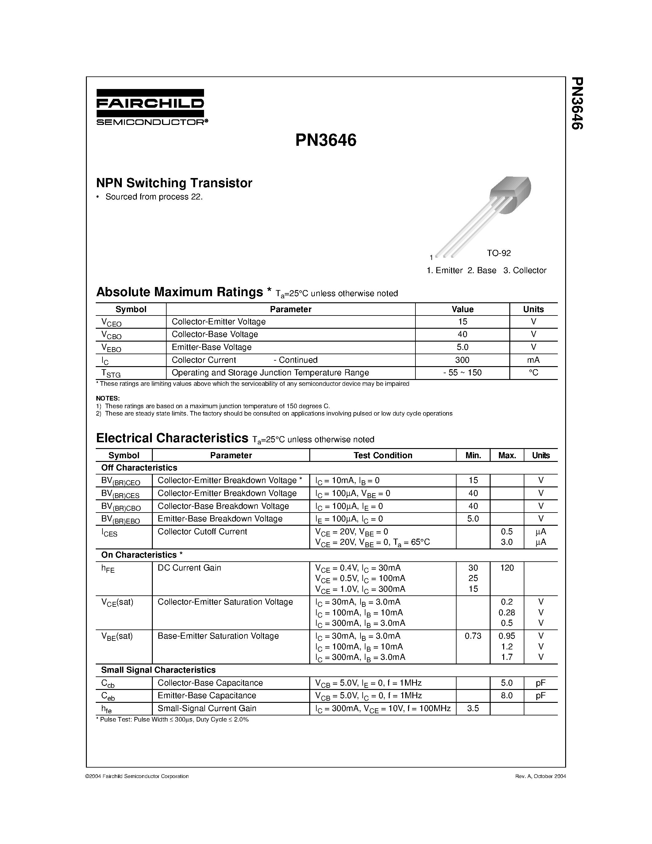 Datasheet PN3646 page 1 Datasheet PN3646 - NPN Switching Transistor page 1