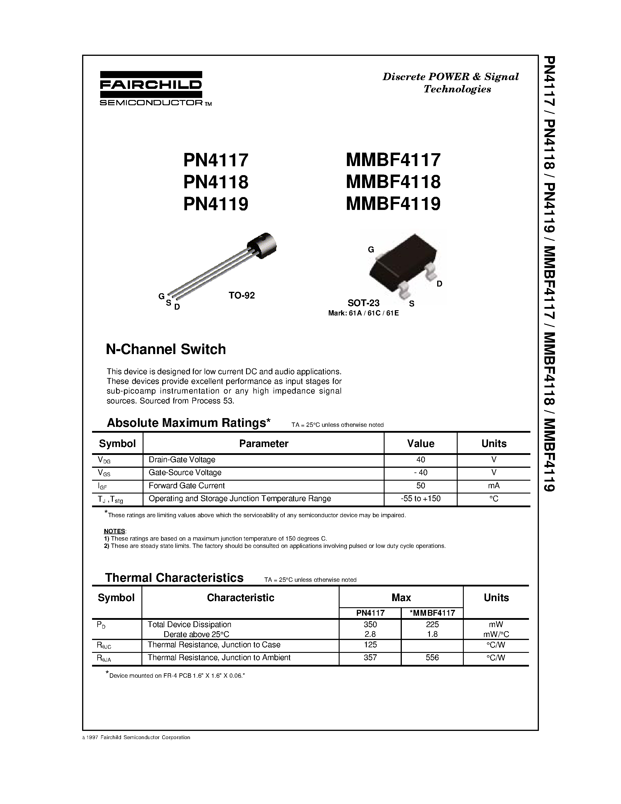 Datasheet PN4118 page 1 Datasheet PN4118 - N-Channel Switch page 1