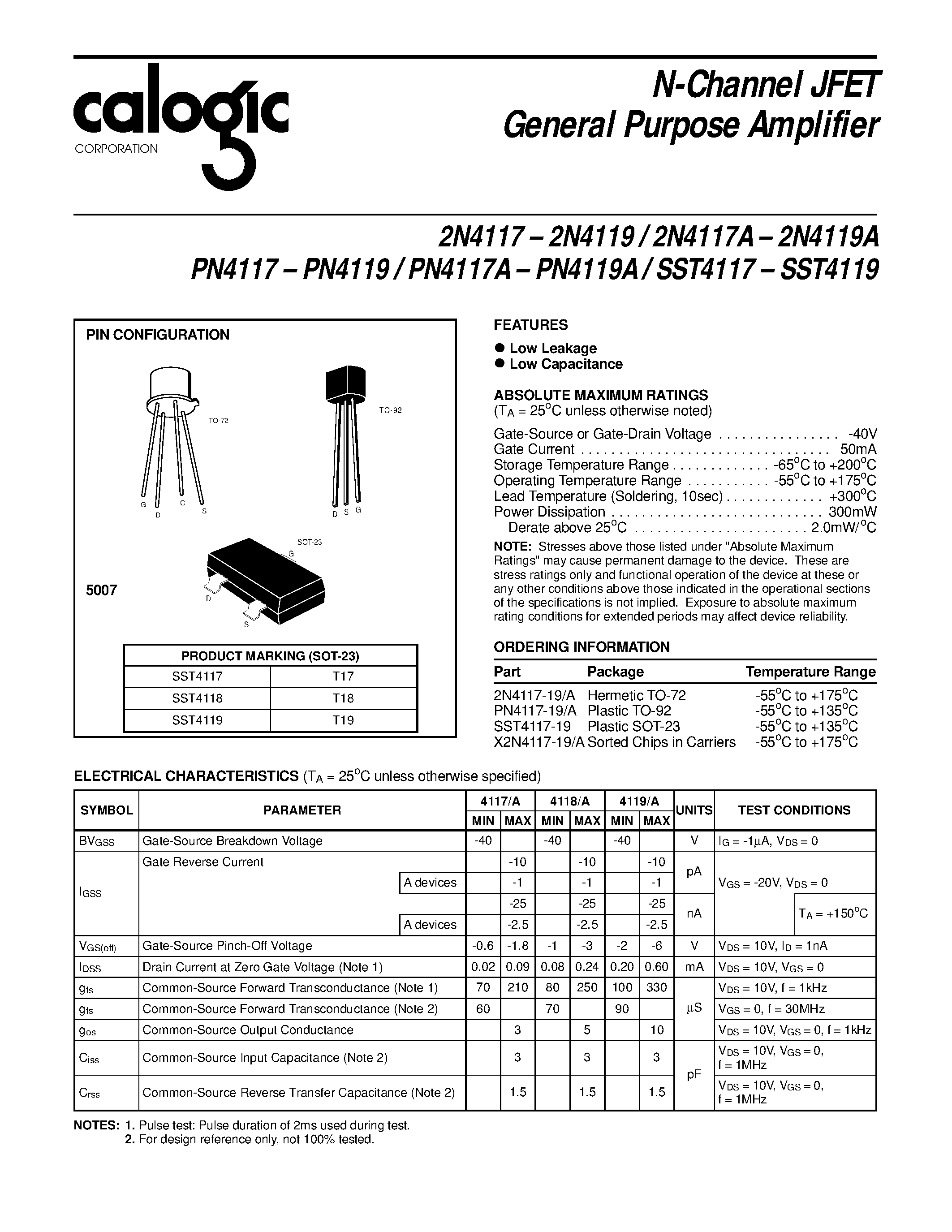 Datasheet PN4118A - N-Channel JFET General Purpose Amplifier page 1