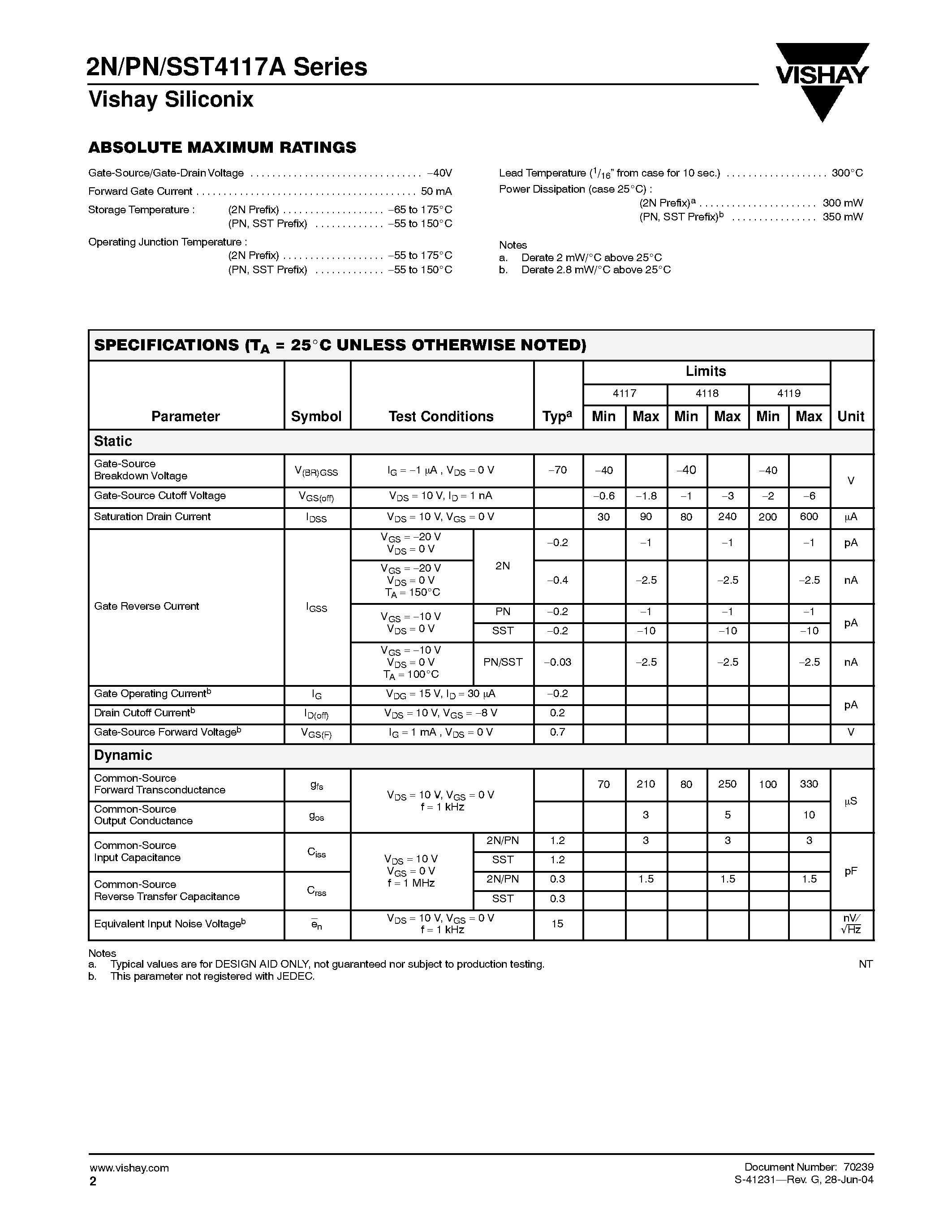 Datasheet PN4118A - N-Channel JFETs page 2