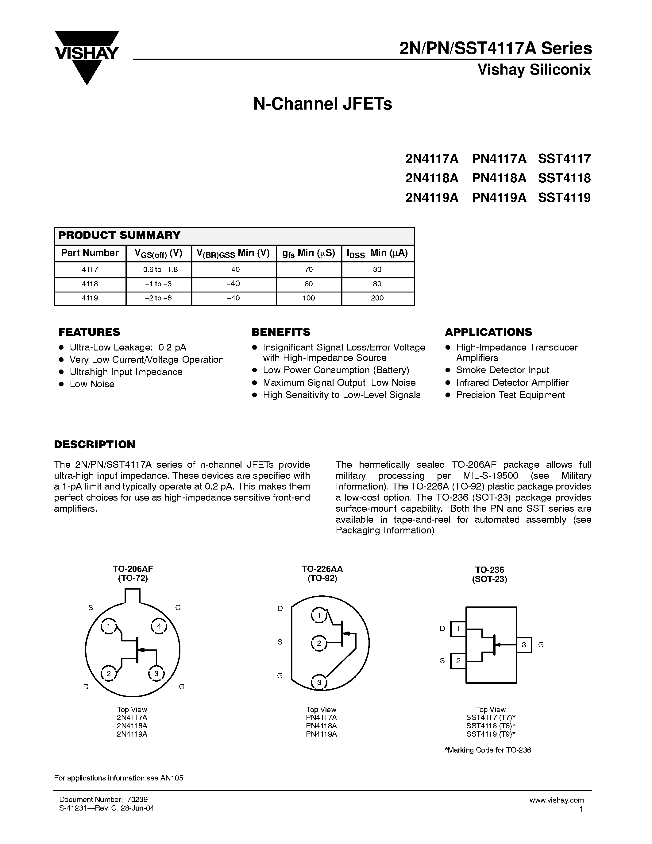 Datasheet PN4119A - N-Channel JFETs page 1