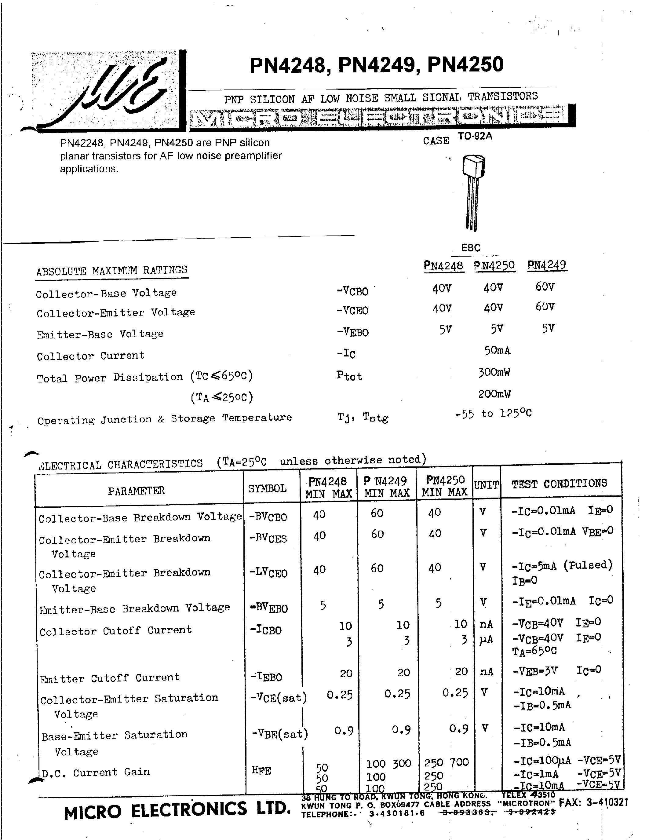Datasheet PN4250 - PNP SILICON AF LOW NOISE AMALL SIGNAL TRANSISTORS page 1