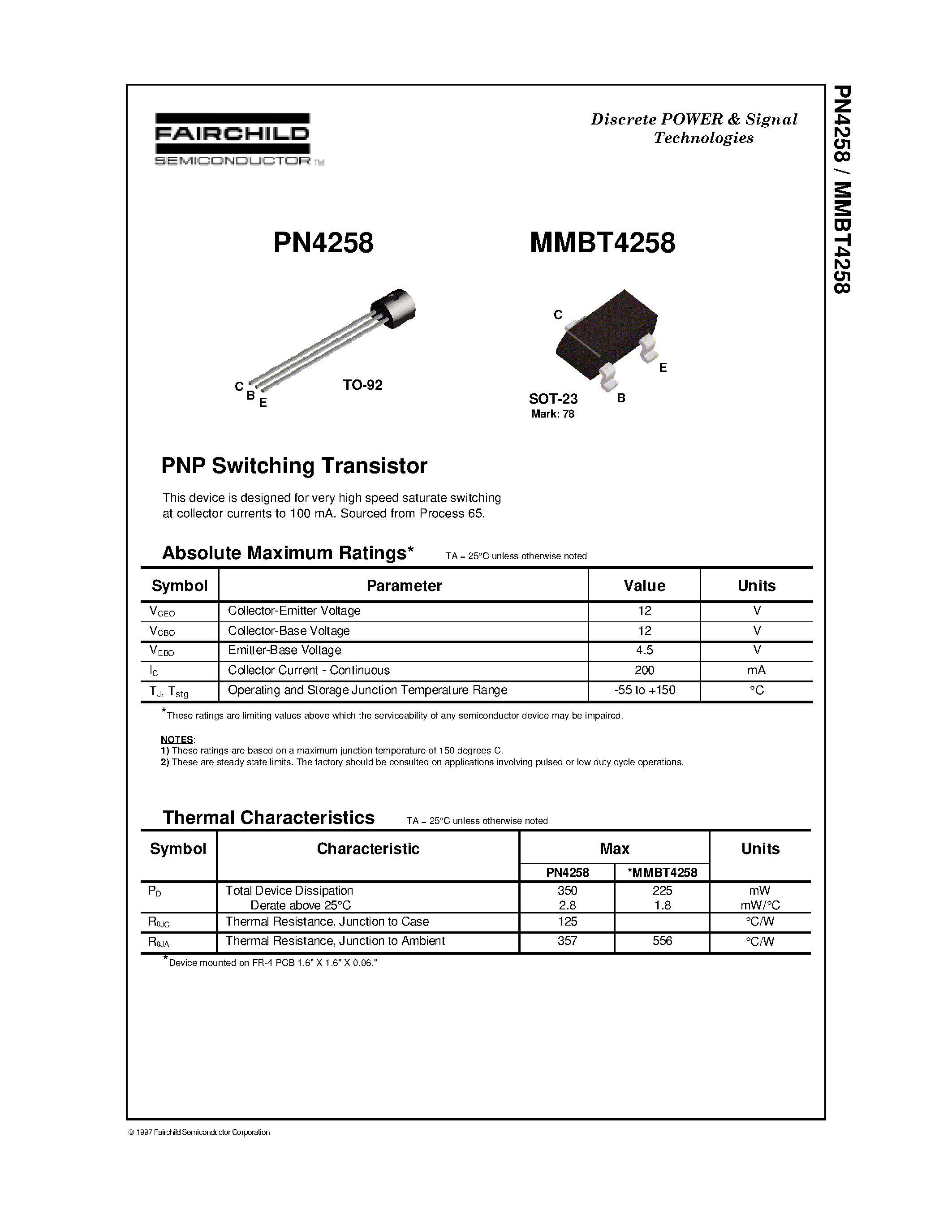 Datasheet PN4258 page 1 Datasheet PN4258 - PNP Switching Transistor page 1