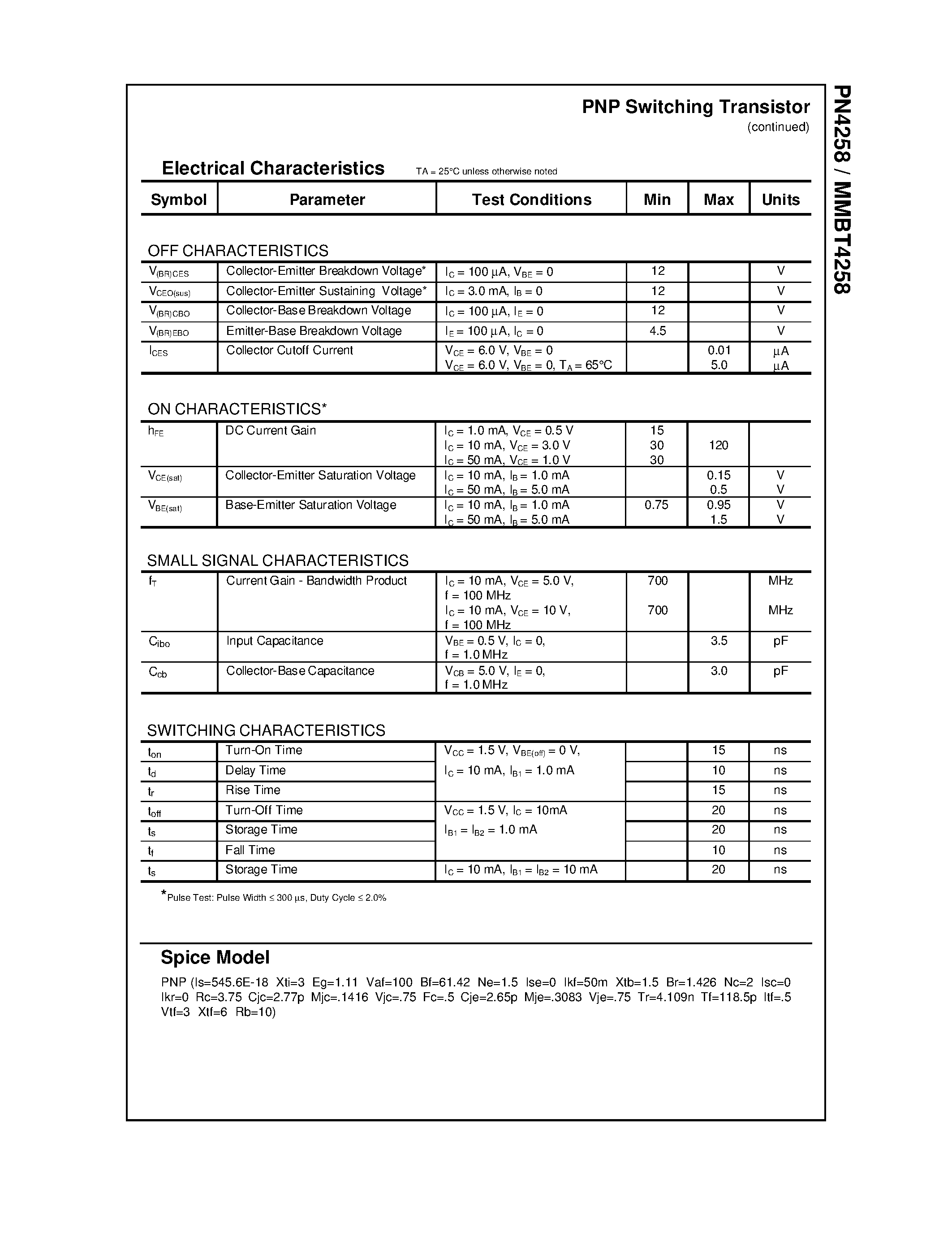Datasheet PN4258 page 2 Datasheet PN4258 - PNP Switching Transistor page 2