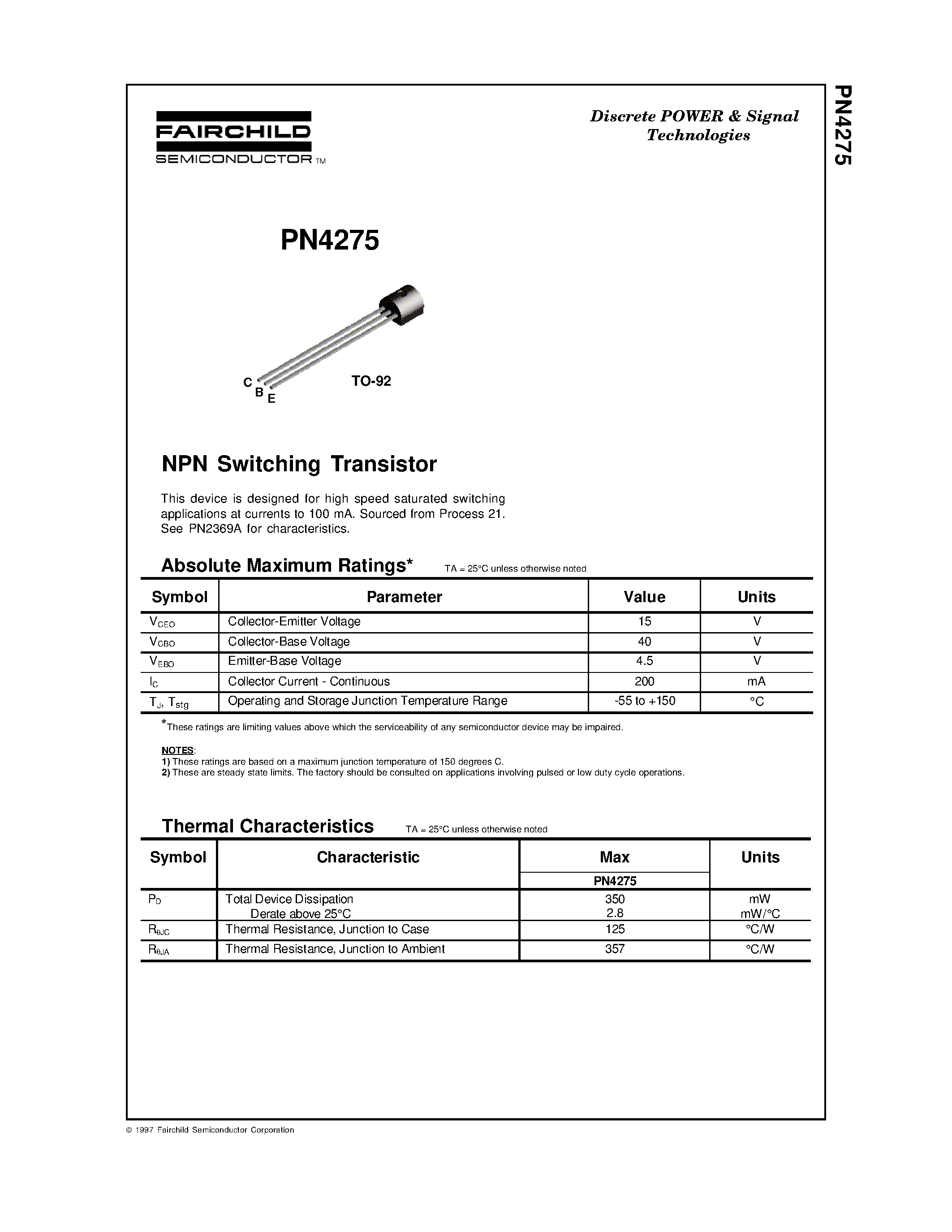 Datasheet PN4275 - NPN Switching Transistor page 1