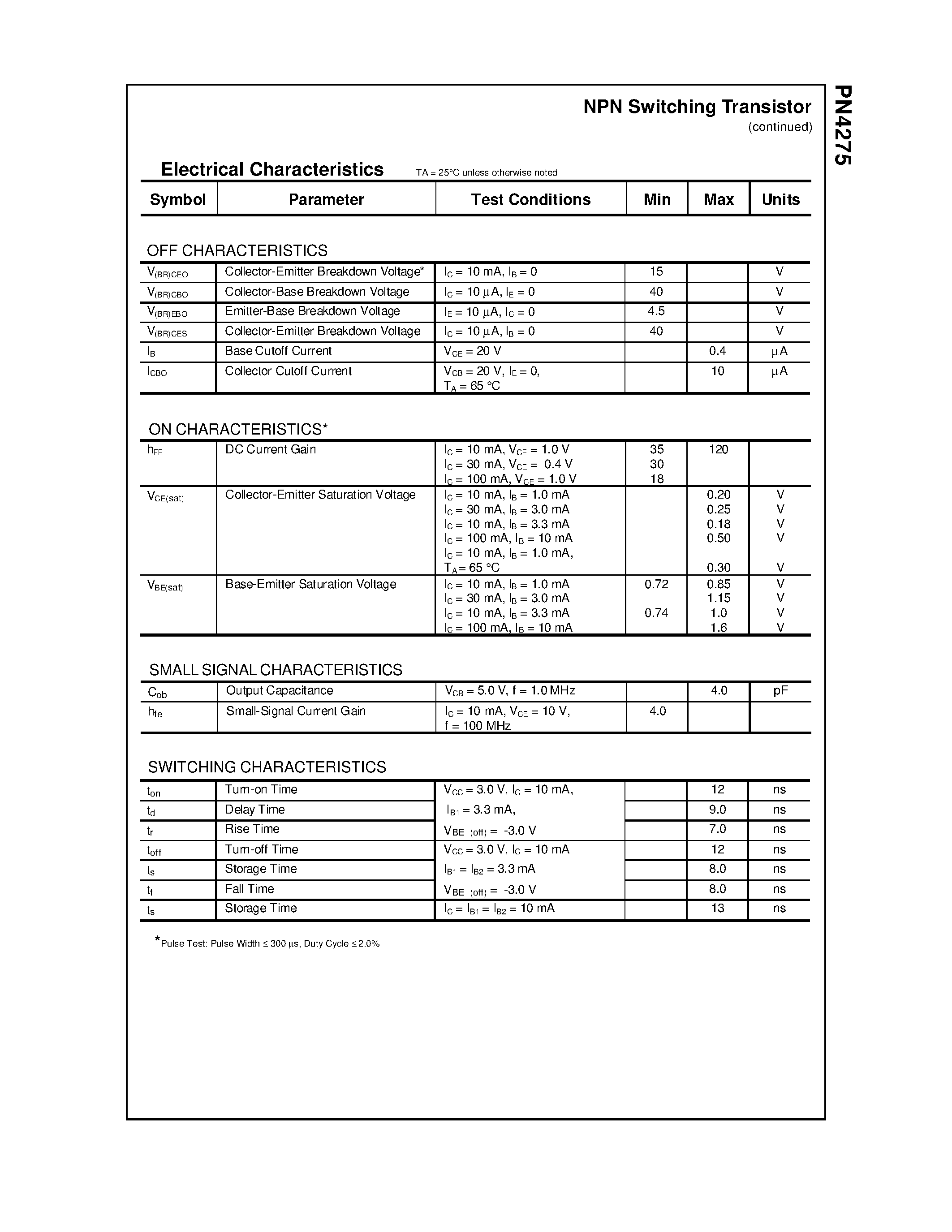Datasheet PN4275 - NPN Switching Transistor page 2
