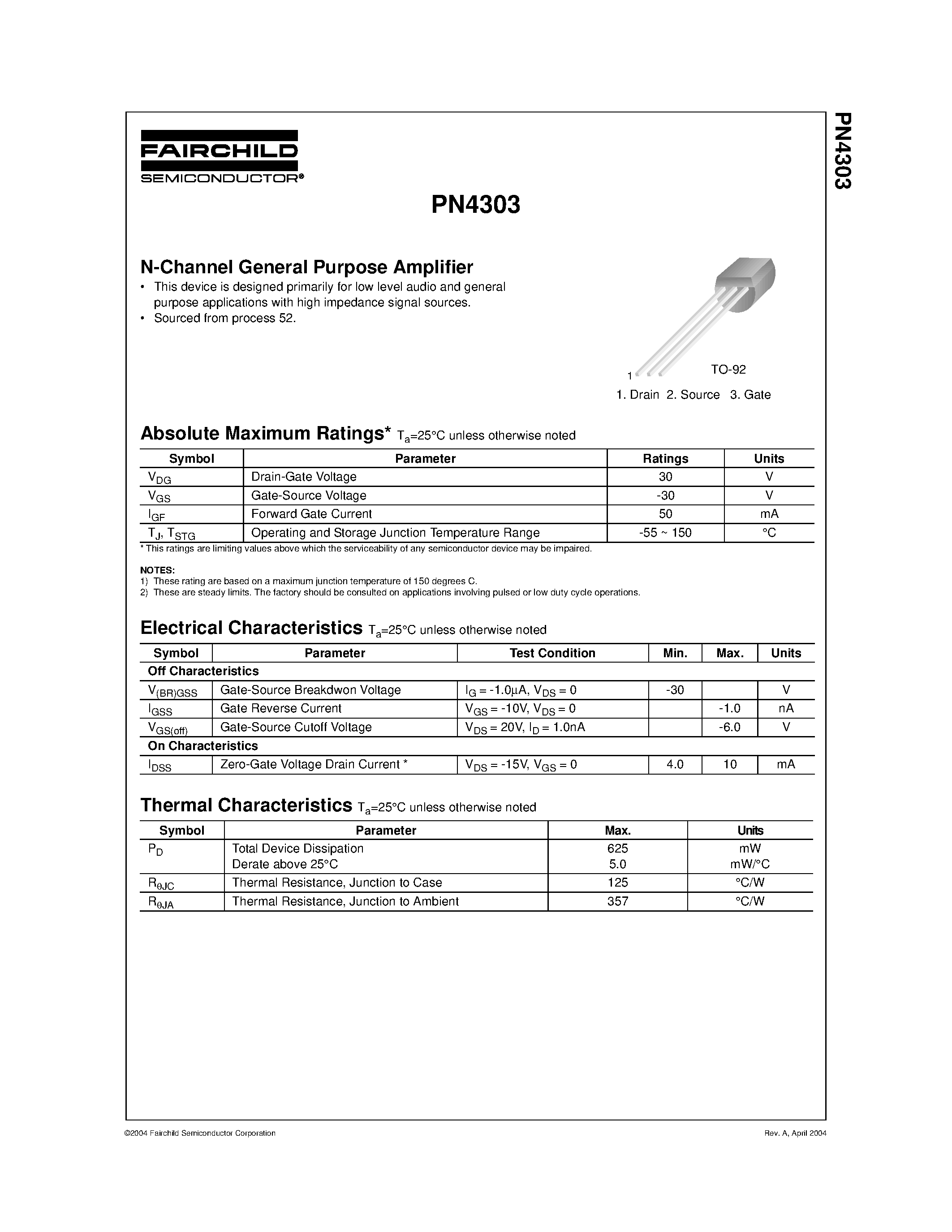 Datasheet PN4303 - N-Channel General Purpose Amplifier page 1