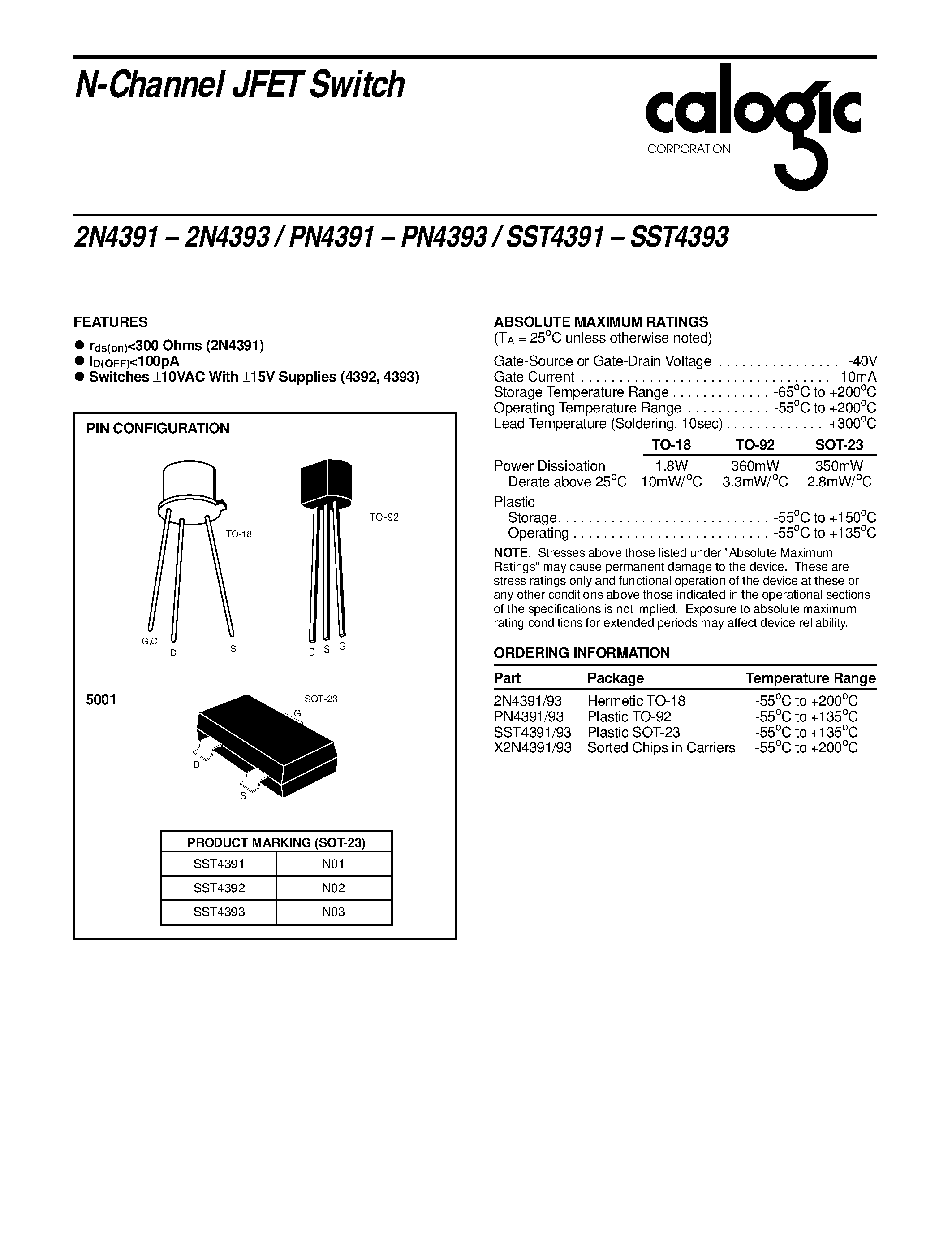 Datasheet PN4392 - N-Channel JFET Switch page 1