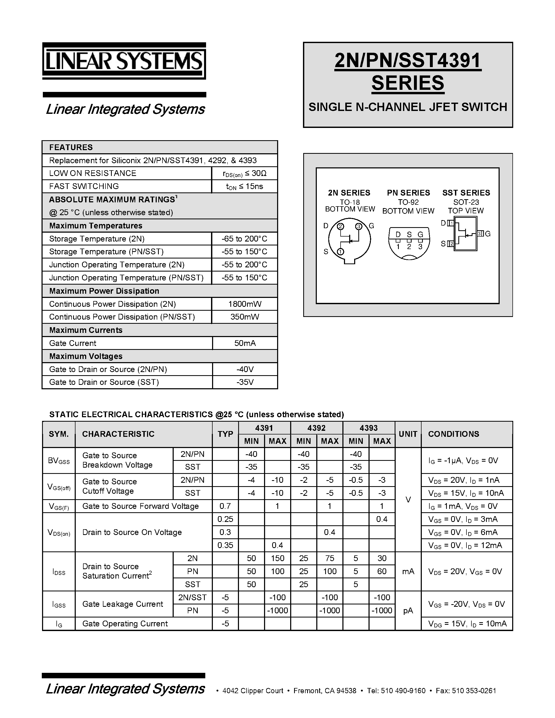 Datasheet PN4392 - SINGLE N-CHANNEL JFET SWITCH page 1