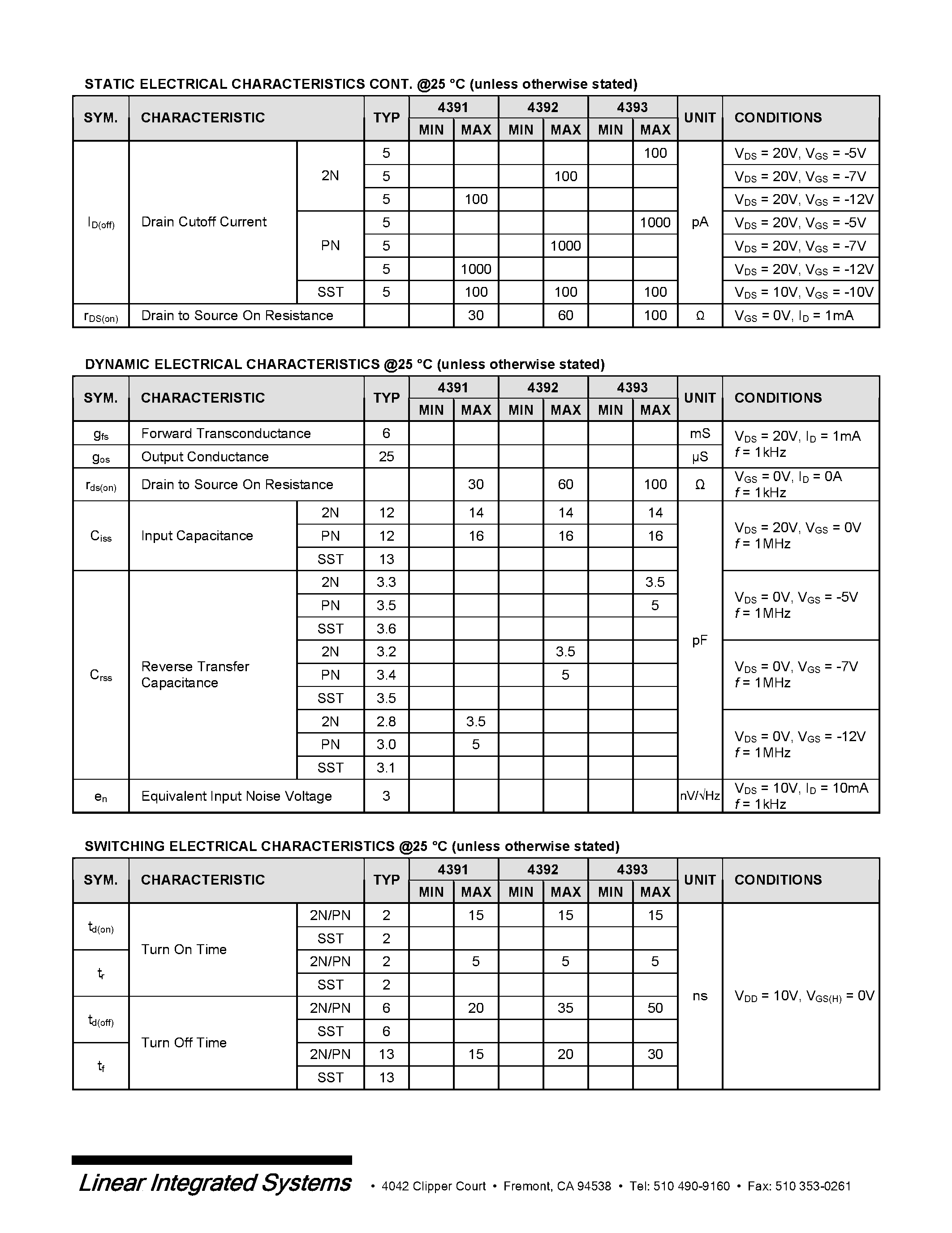 Datasheet PN4392 - SINGLE N-CHANNEL JFET SWITCH page 2