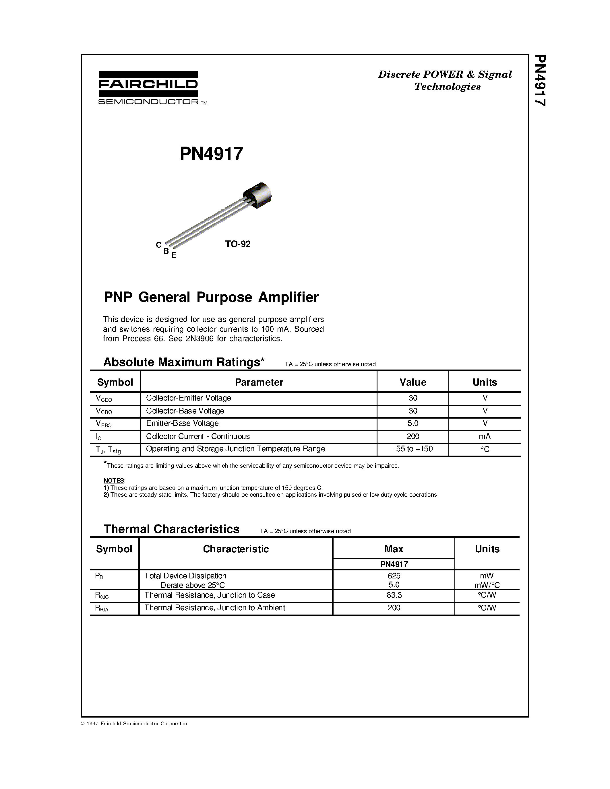 Даташит на микросхему PN4917 страница 1 Даташит PN4917 - PNP Small Signal General Purpose Amplifiers & Switches страница 1
