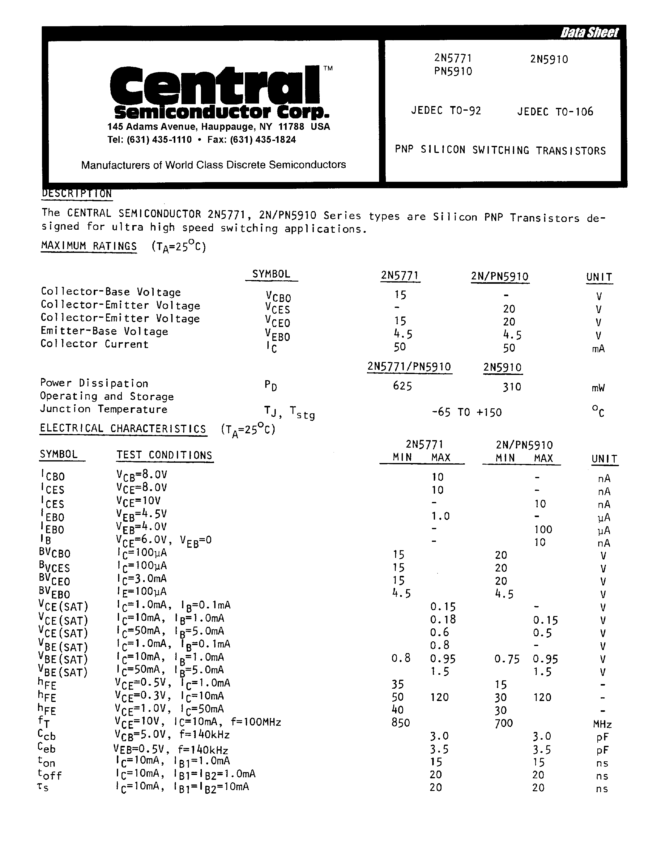 Datasheet PN5910 - PMP SILICON SWITCHING TRANSISTORS page 1