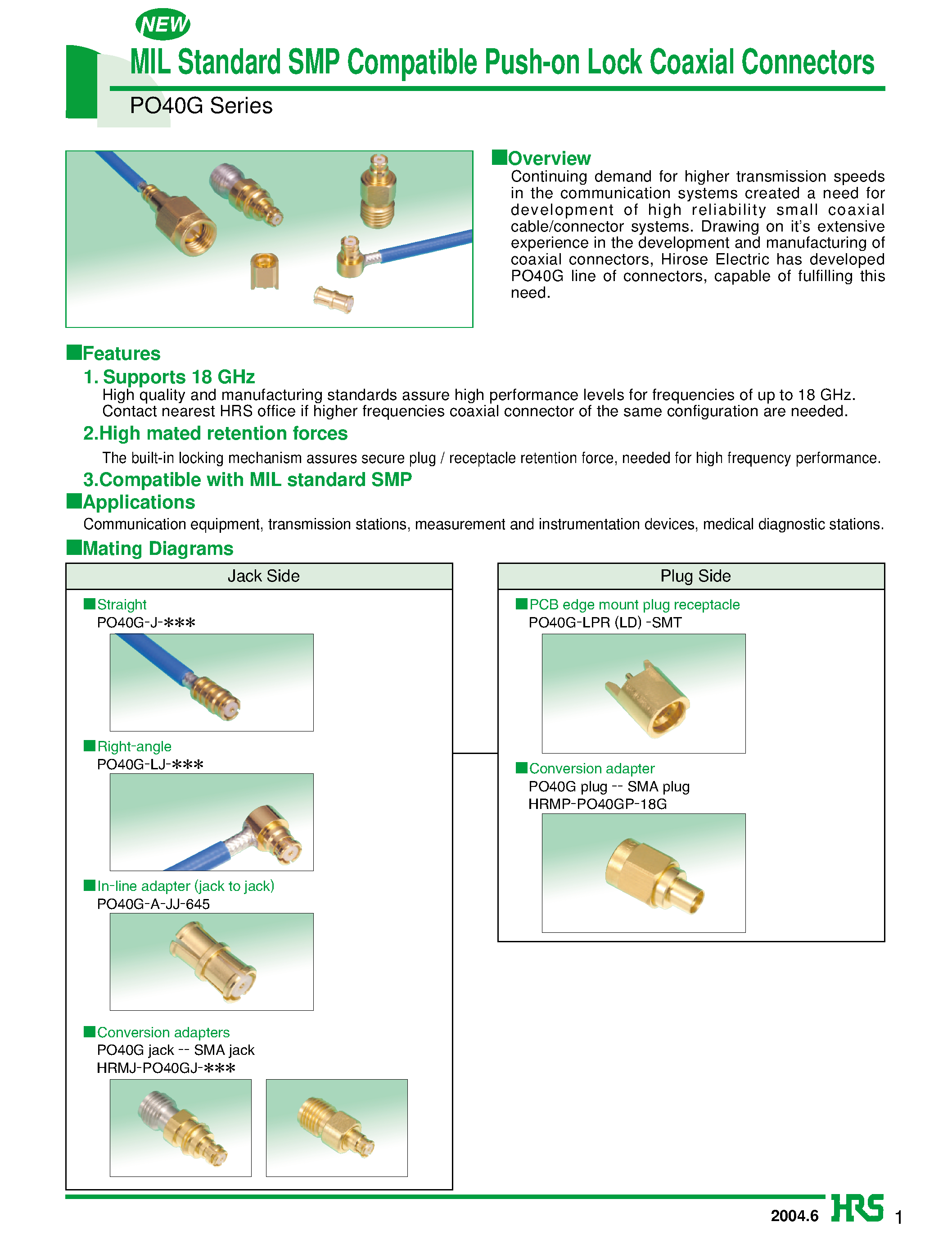 Datasheet PO40G-A-JJ-645 - MIL Standard SMP Compatible Push-on Lock Coaxial Connectors page 1